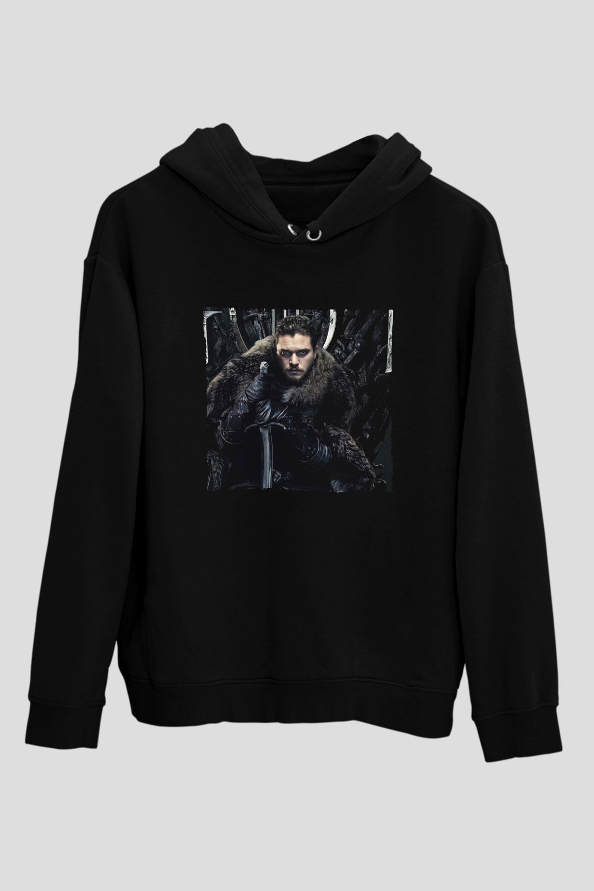 Unisex Unisex Game of Thrones Baskılı Siyah Kapüşonlu Sweatshirt