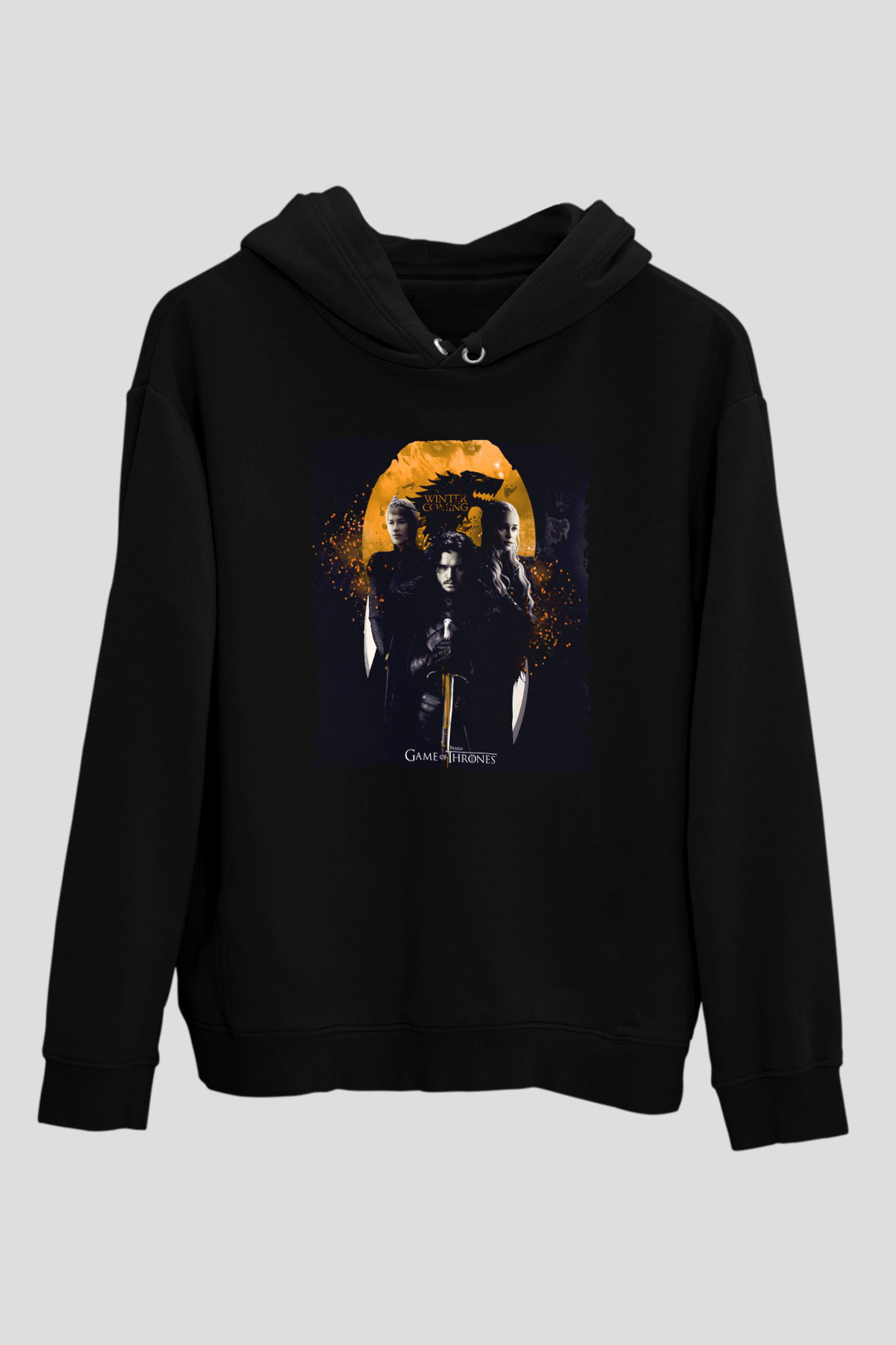 Unisex Unisex Game of Thrones Baskılı Siyah Kapüşonlu Sweatshirt