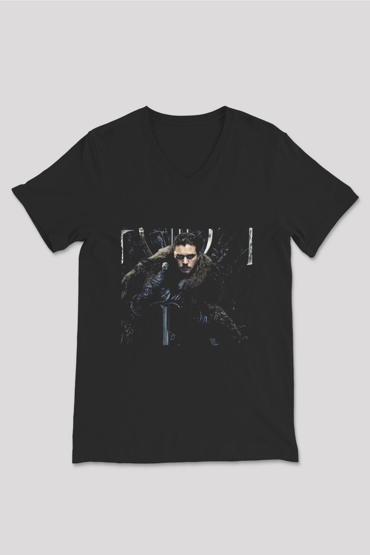 Unisex Unisex Game of Thrones Baskılı Siyah V Yaka T-shirt