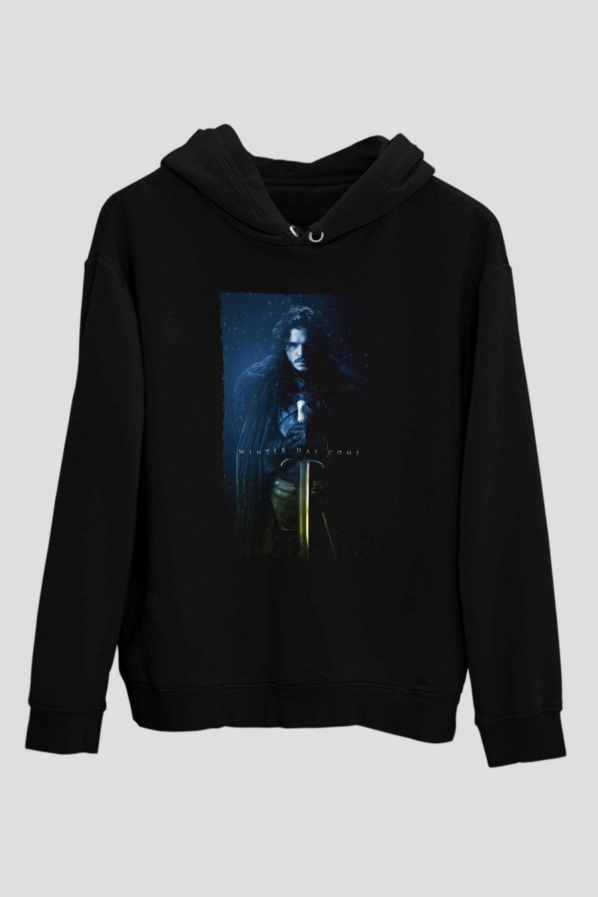 Unisex Unisex Game of Thrones Baskılı Siyah Kapüşonlu Sweatshirt