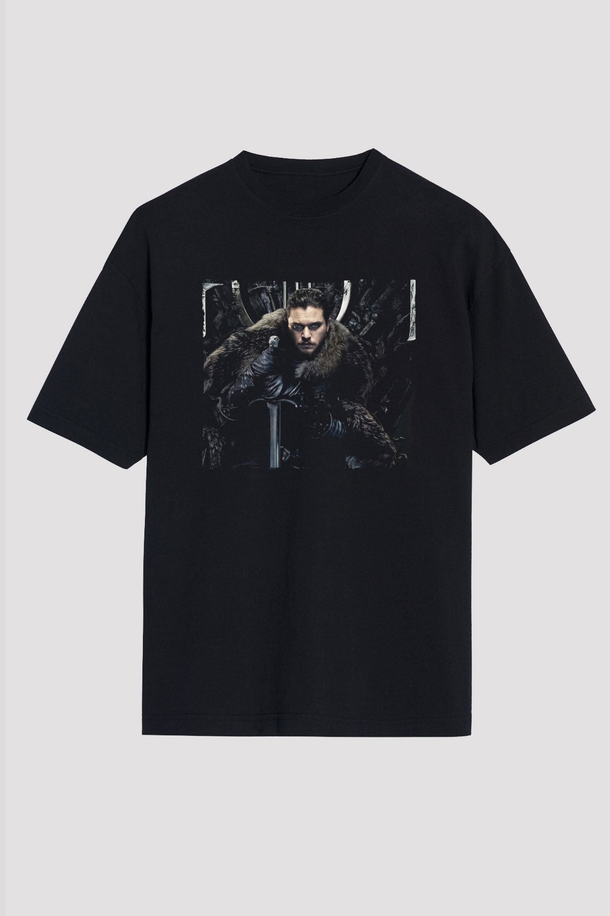 Unisex Unisex Game of Thrones Baskılı Siyah Oversize T-shirt