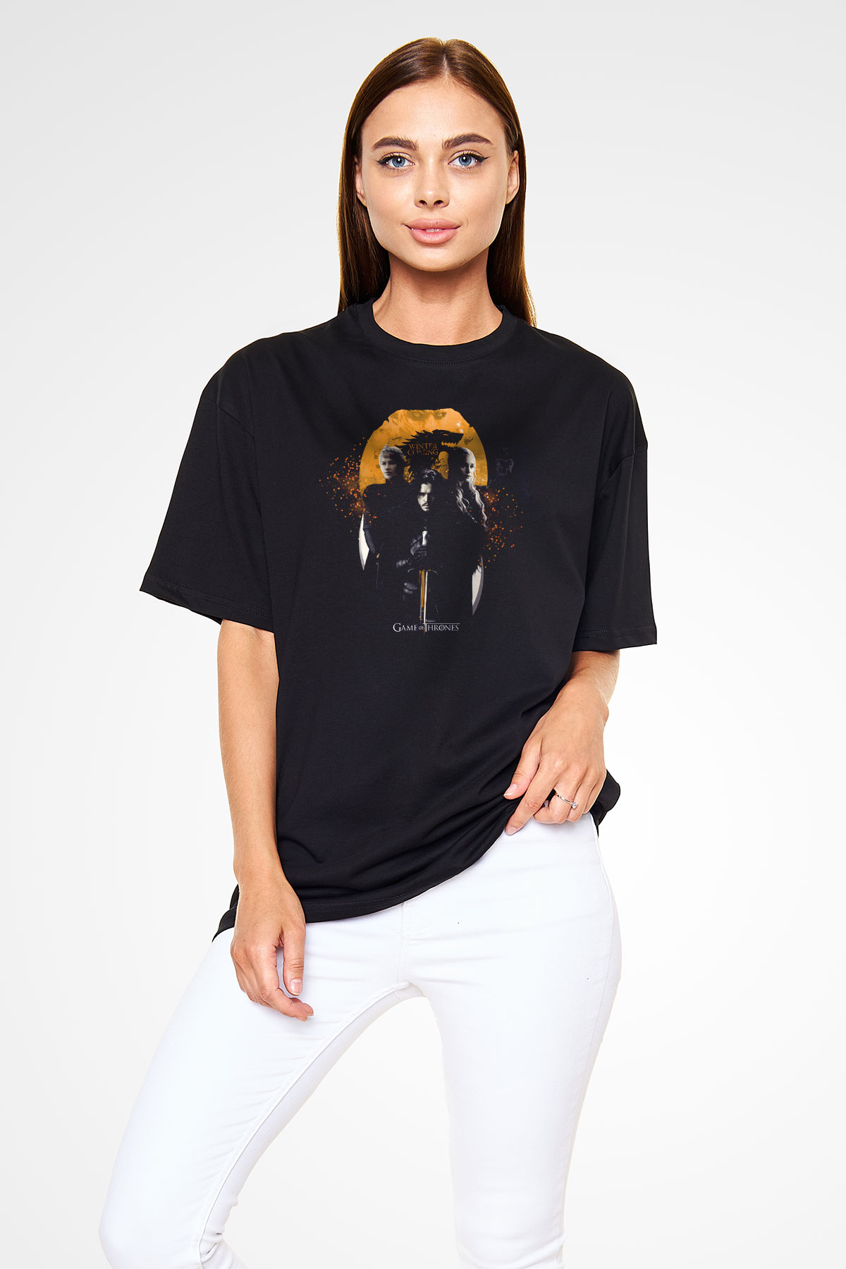 Unisex Unisex Game of Thrones Baskılı Siyah Oversize Tişört