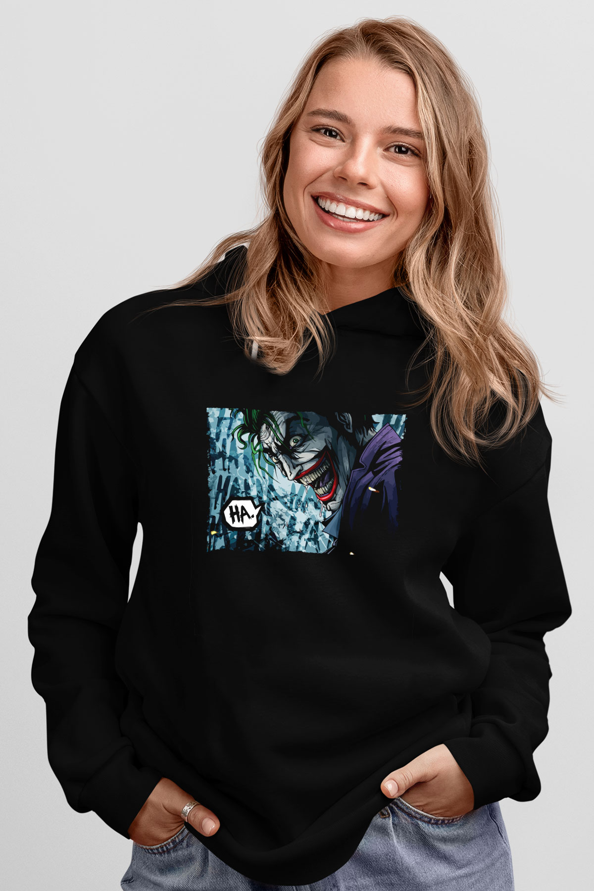 Unisex Unisex Joker Baskılı Siyah Kapüşonlu Sweatshirt