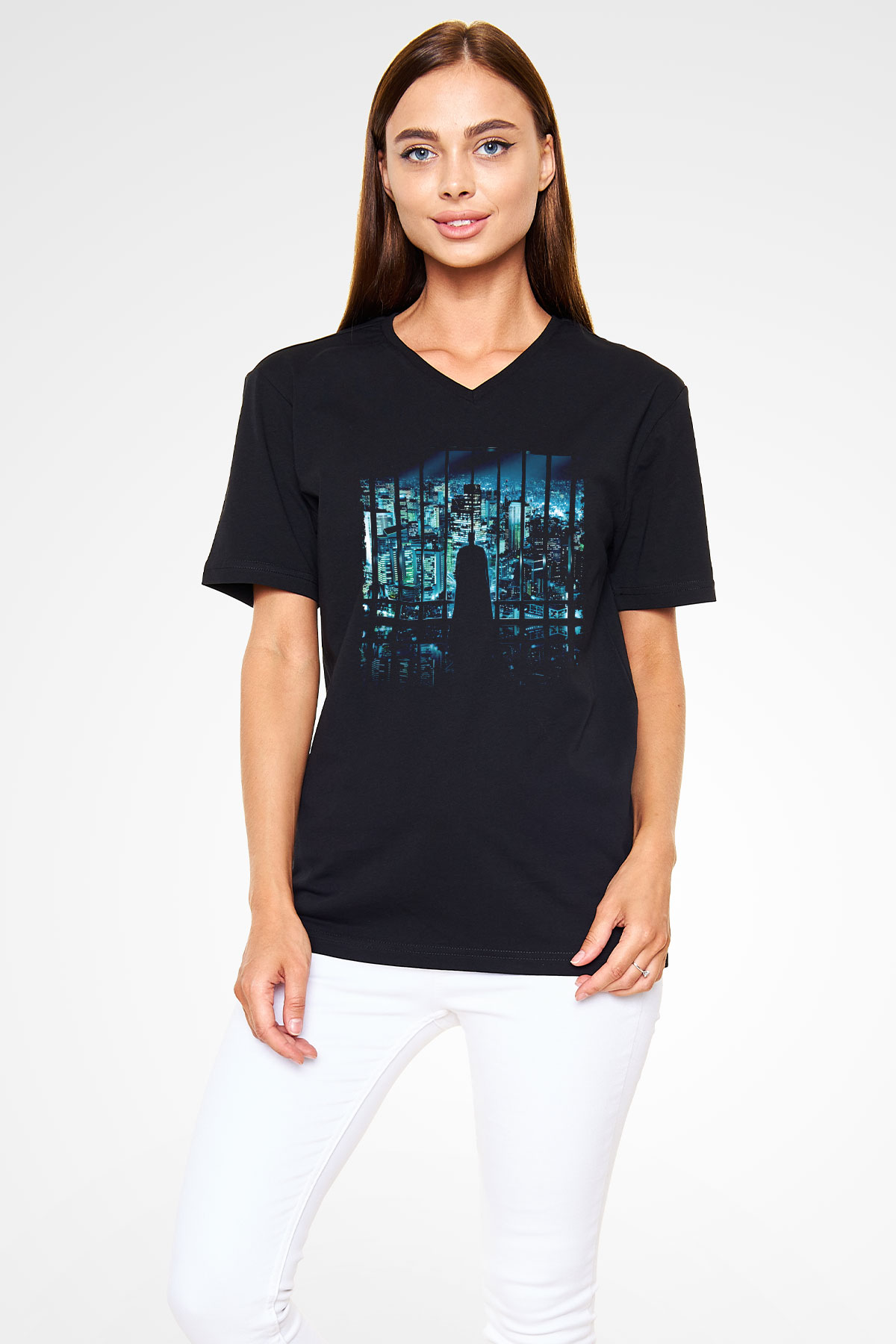 Unisex Unisex Kara Şövalye (The Dark Knight) Baskılı Siyah V Yaka Tişört