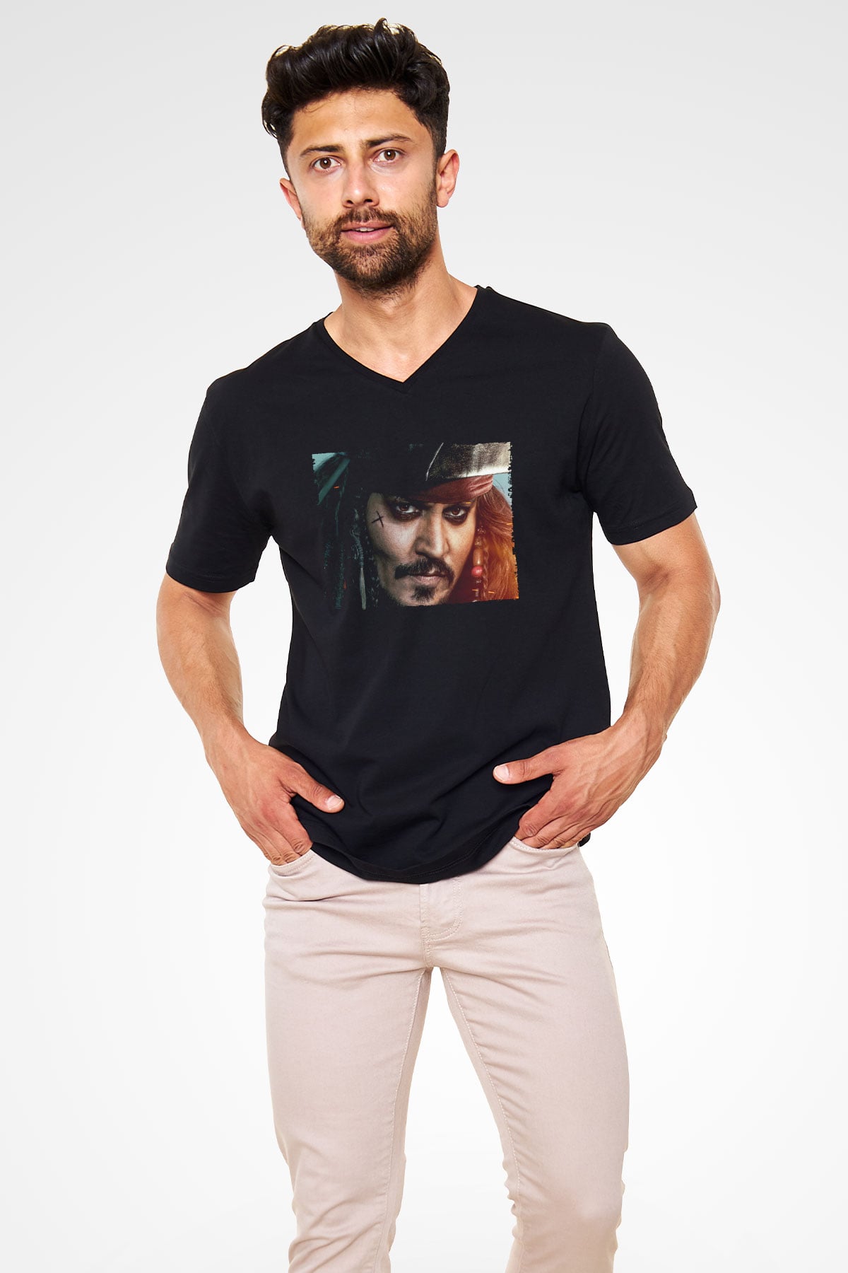 Unisex Unisex Karayip Korsanları (Pirates of the Caribbean) Baskılı Siyah V Yaka T-shirt