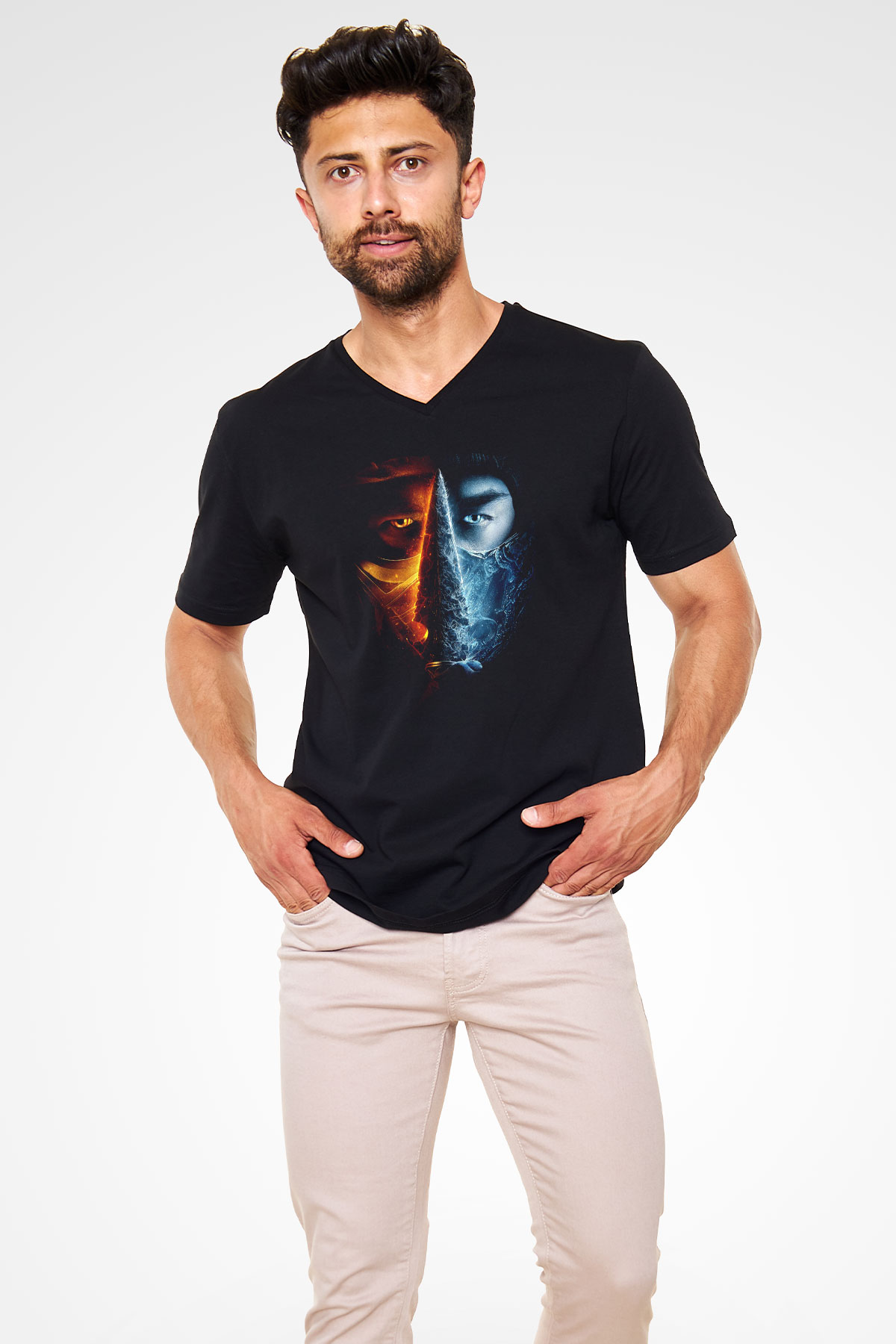 Unisex Unisex Mortal Kombat Baskılı Siyah V Yaka Tişört