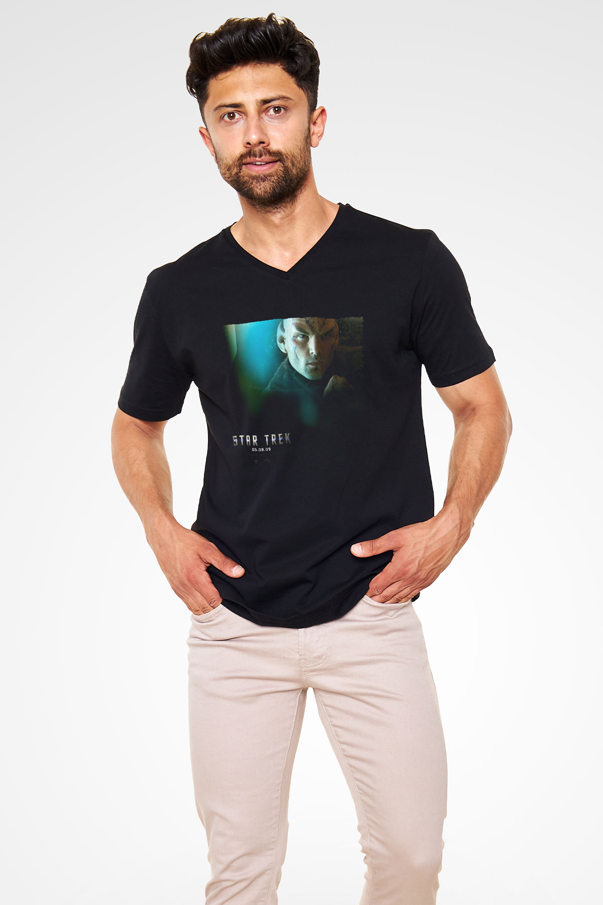 Unisex Uzay Yolu (Star Trek) Baskılı Siyah V Yaka Tshirt