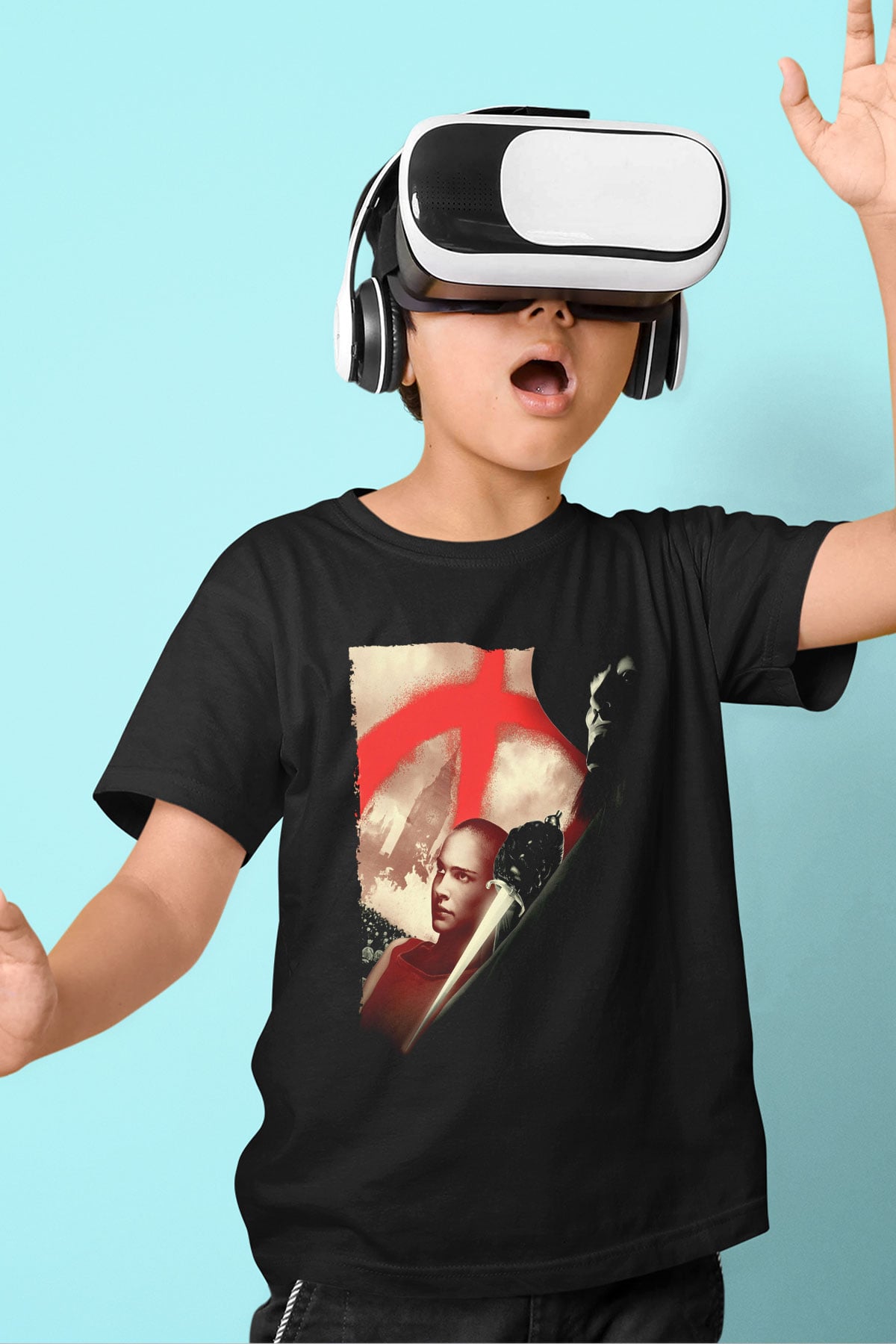 Unisex V for Vendetta Baskılı Siyah Çocuk T-Shirt