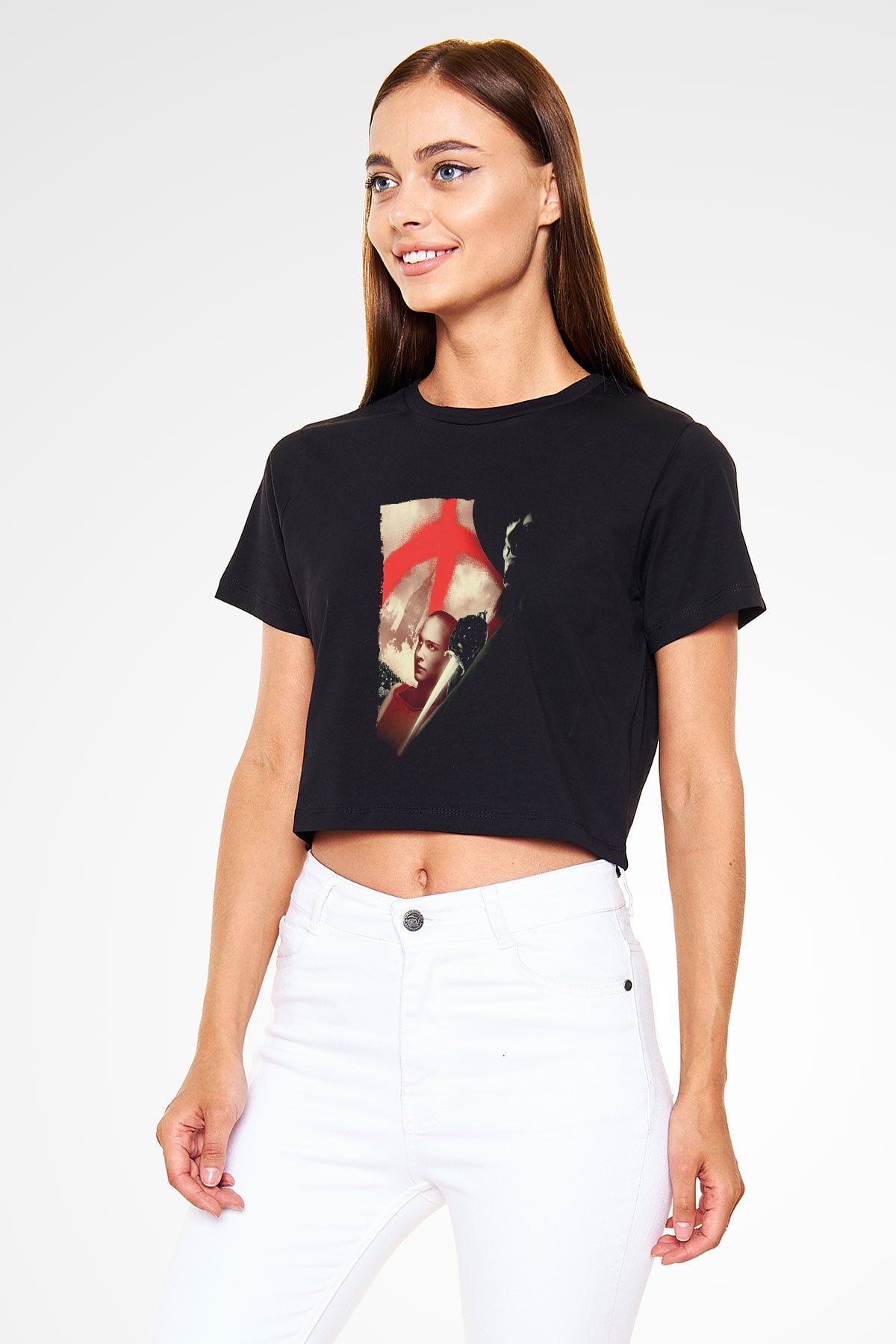 Unisex V for Vendetta Baskılı Siyah Crop Top T-shirt