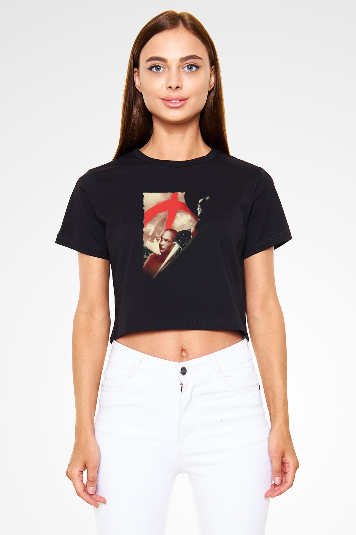 Unisex V for Vendetta Baskılı Siyah Crop Top T-shirt