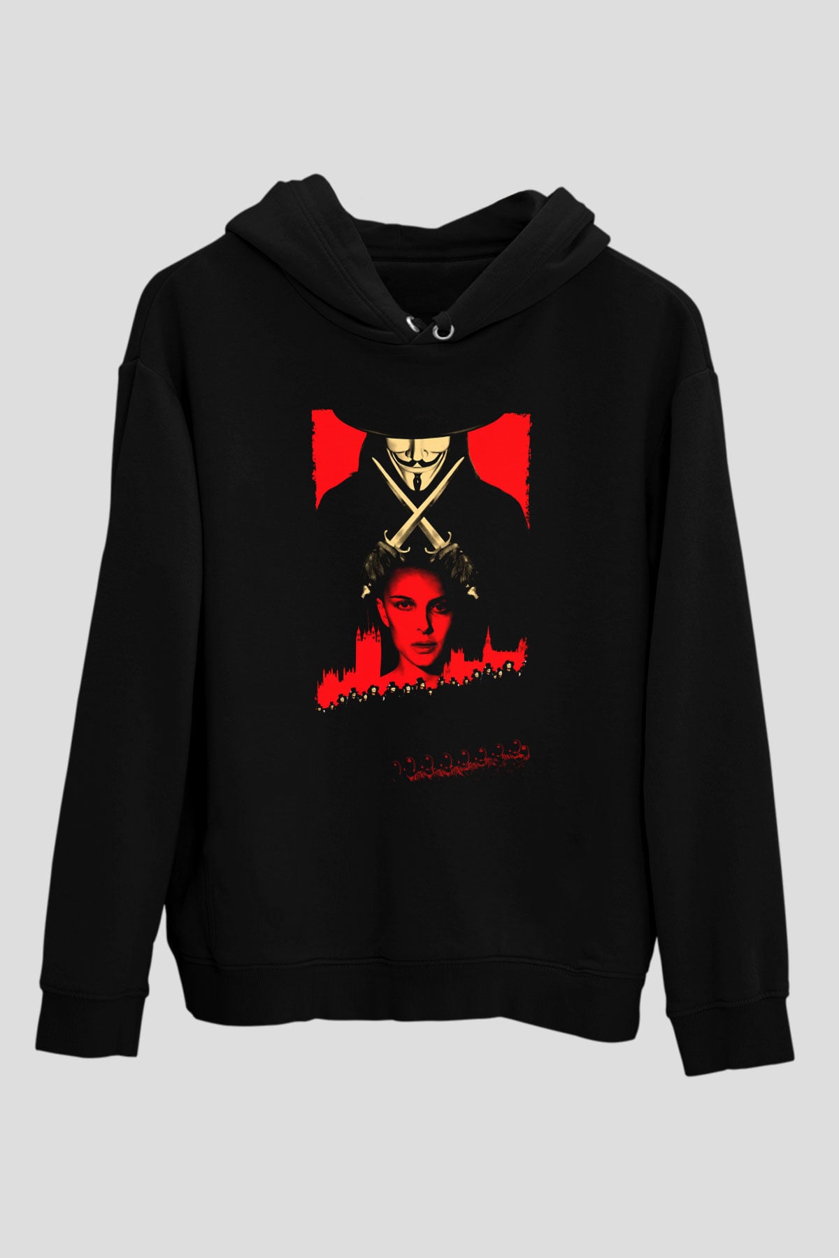 Unisex V for Vendetta Baskılı Siyah Kapüşonlu Sweatshirt