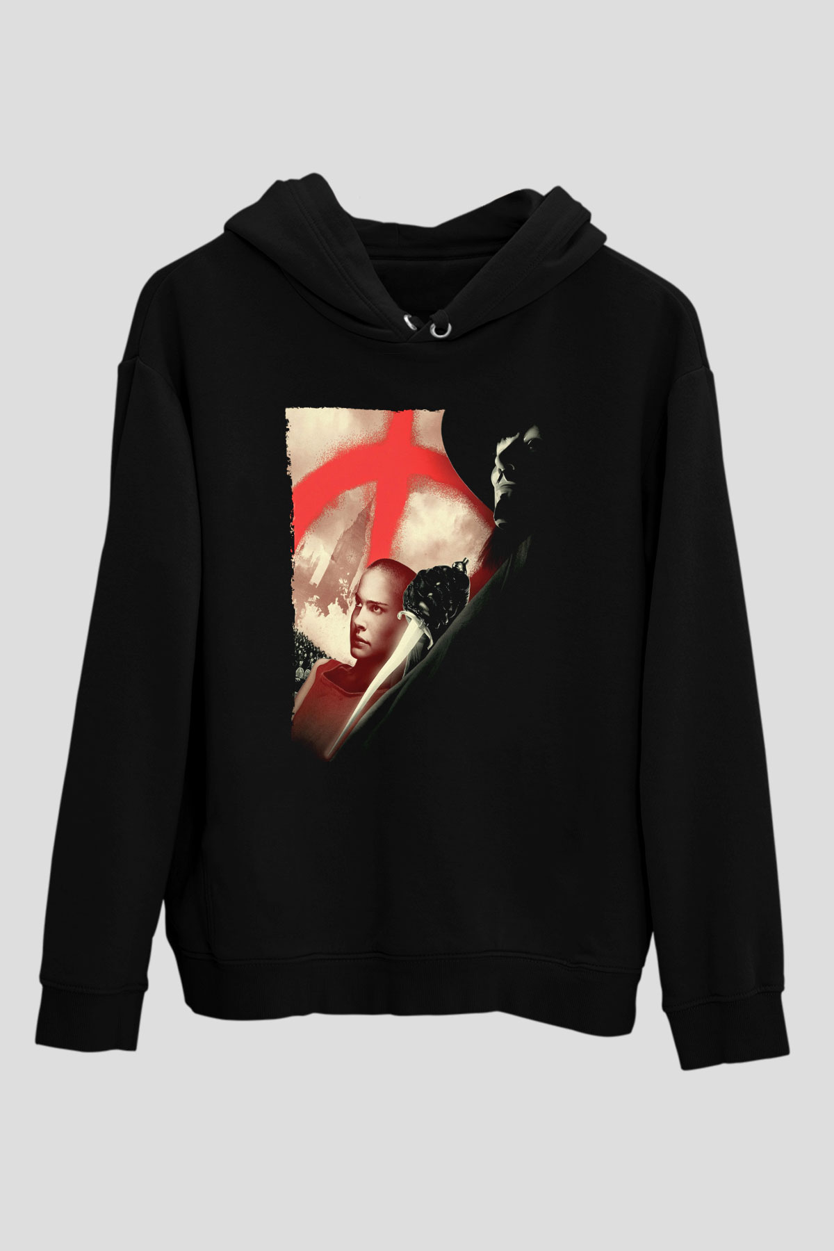 Unisex V for Vendetta Baskılı Siyah Kapüşonlu Sweatshirt