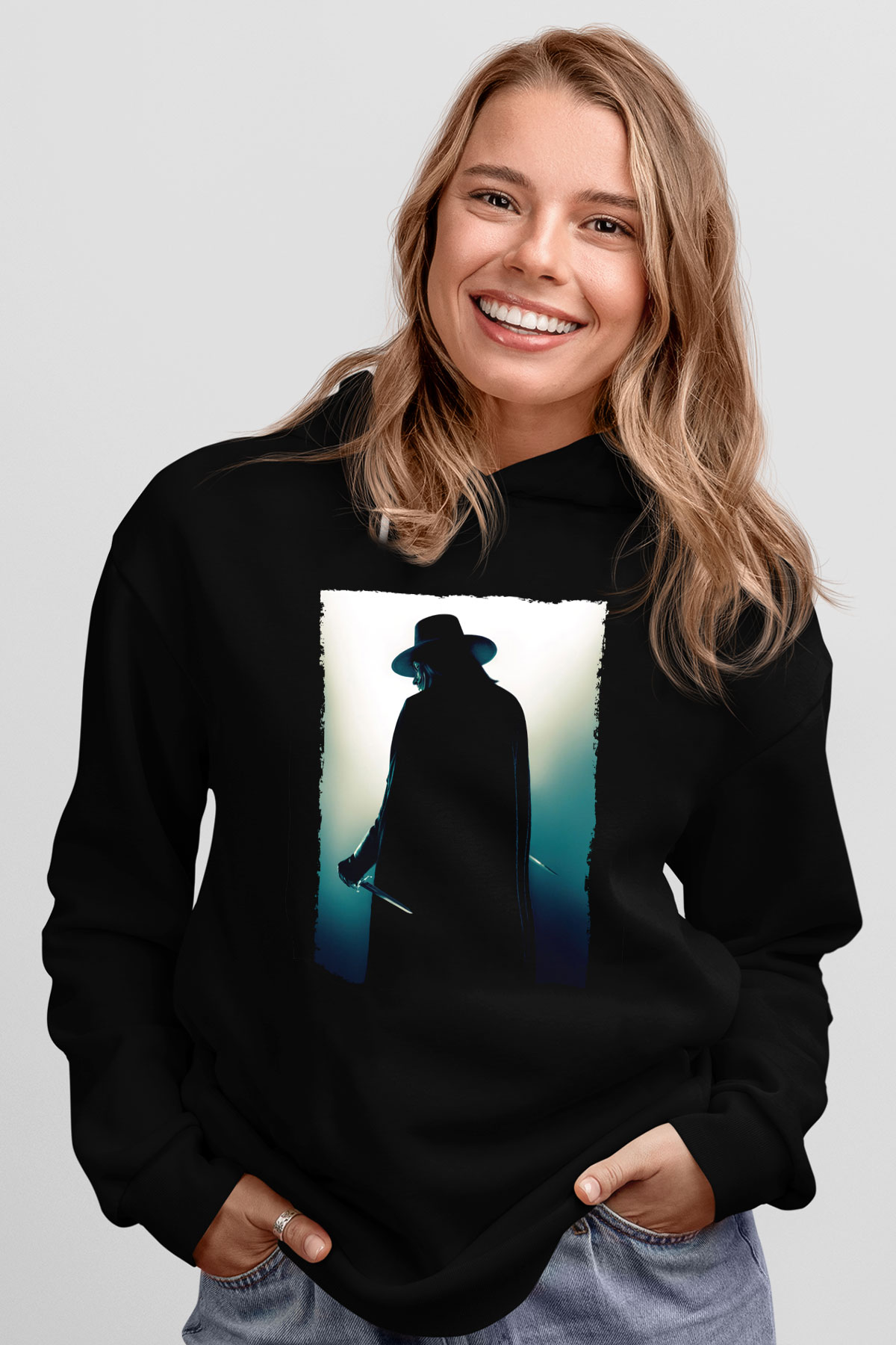 Unisex V for Vendetta Baskılı Siyah Kapüşonlu Sweatshirt