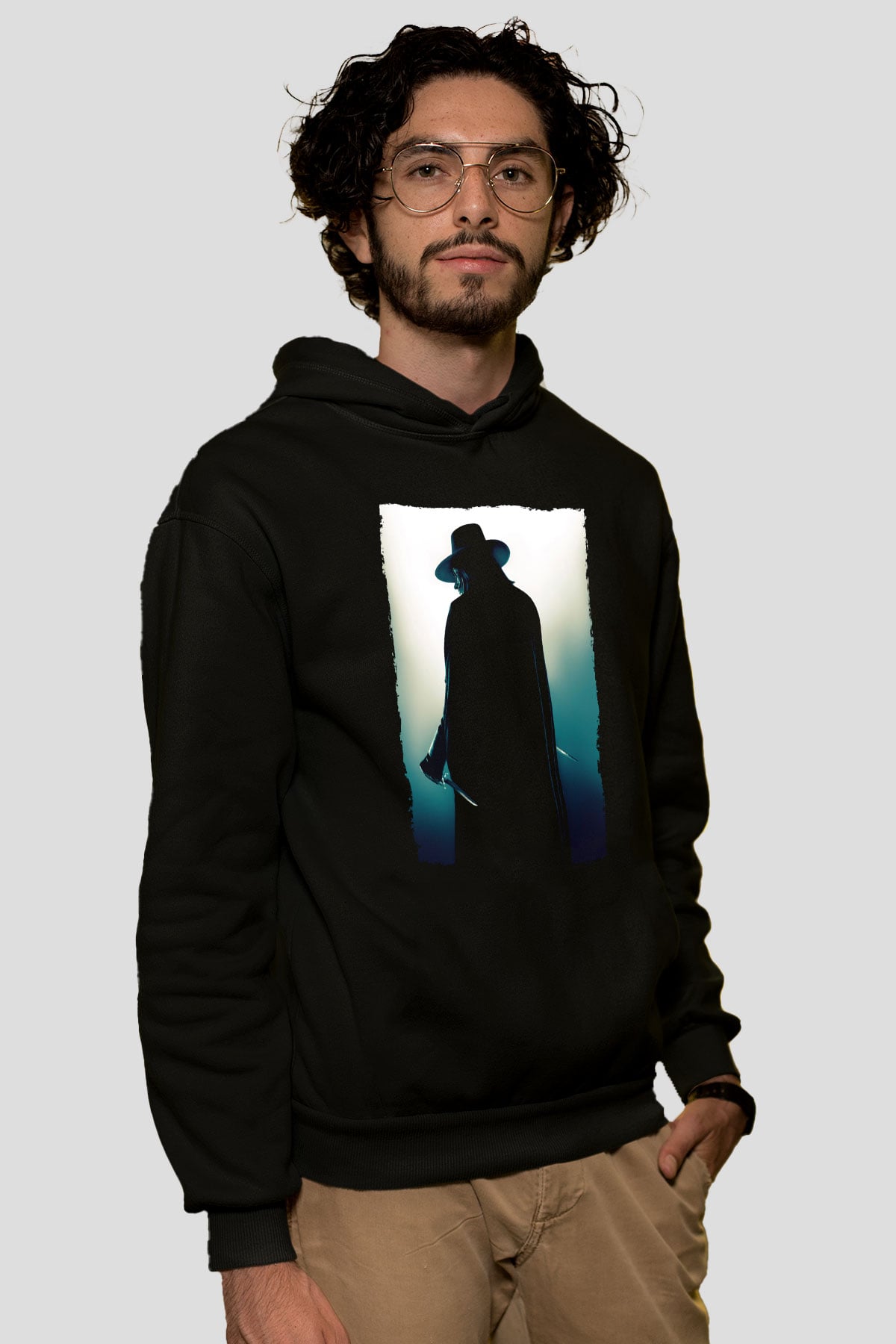 Unisex V for Vendetta Baskılı Siyah Kapüşonlu Sweatshirt