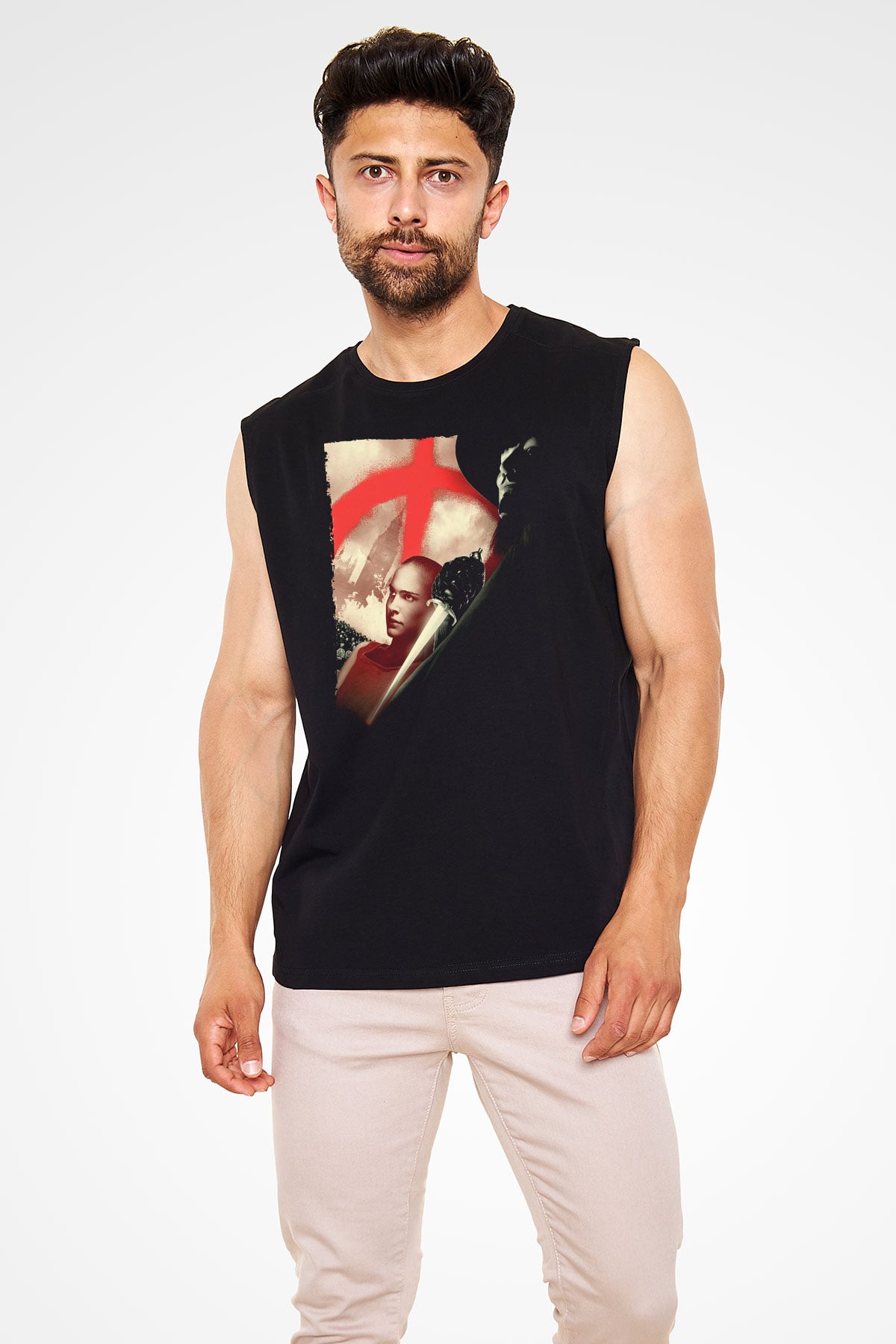 Unisex V for Vendetta Baskılı Siyah Kolsuz T-shirt