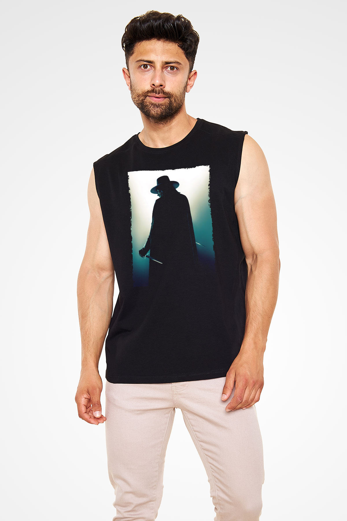 Unisex V for Vendetta Baskılı Siyah Kolsuz Tişört