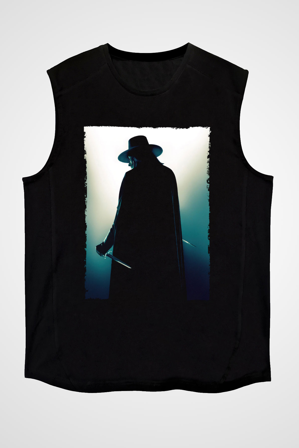 Unisex V for Vendetta Baskılı Siyah Kolsuz Tişört