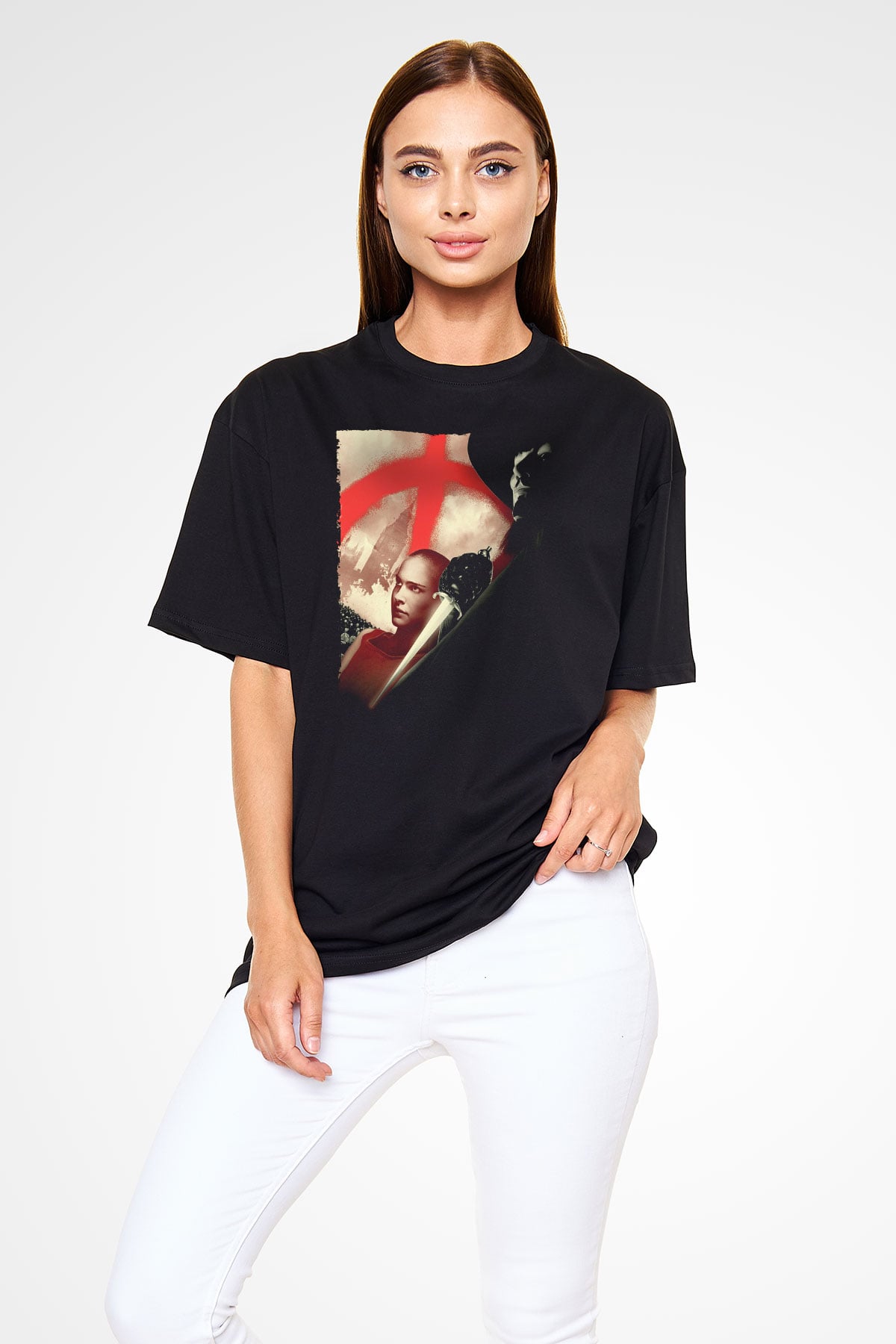 Unisex V for Vendetta Baskılı Siyah Oversize T-shirt