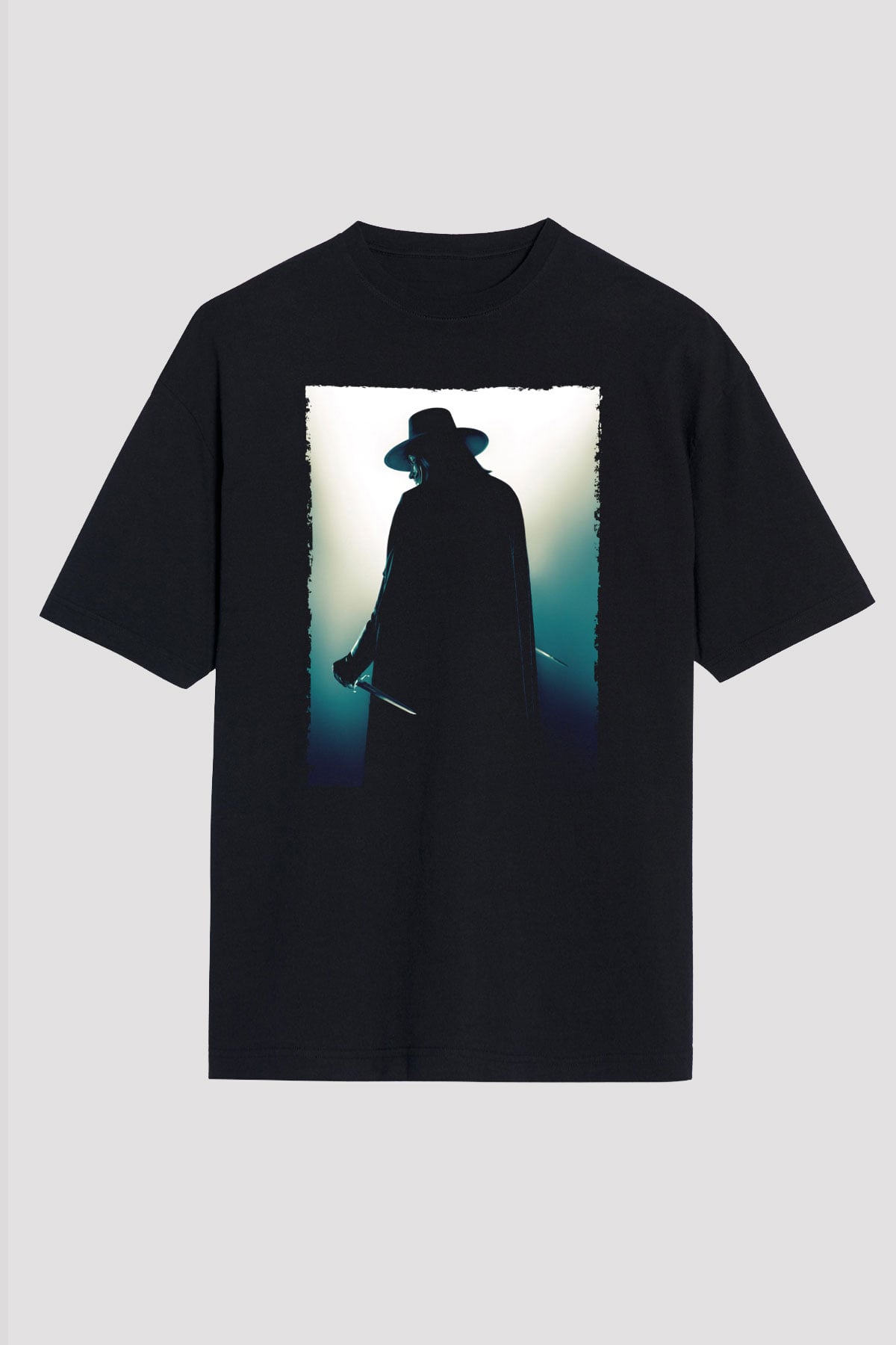 Unisex V for Vendetta Baskılı Siyah Oversize Tişört
