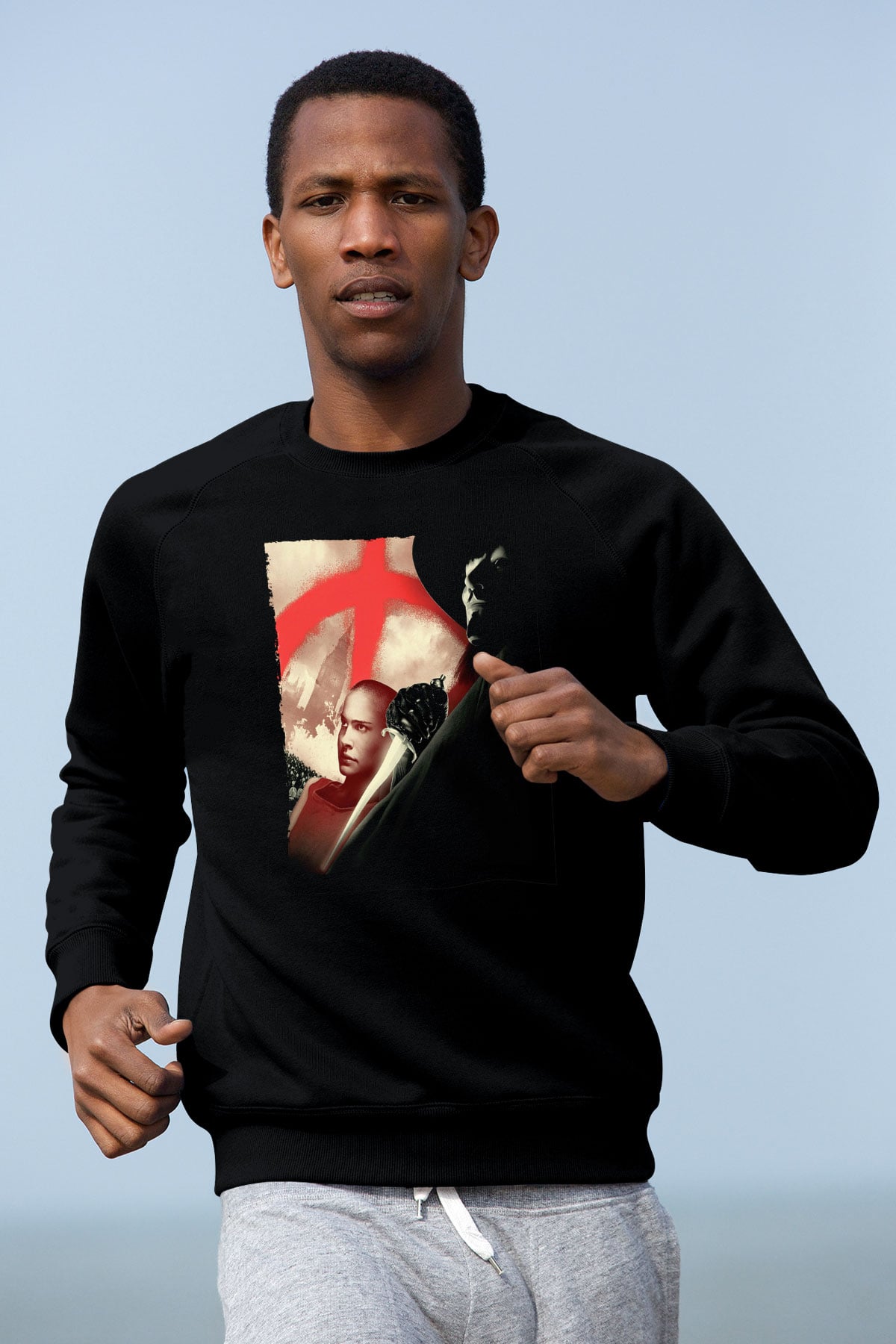 Unisex V for Vendetta Baskılı Siyah Sweatshirt
