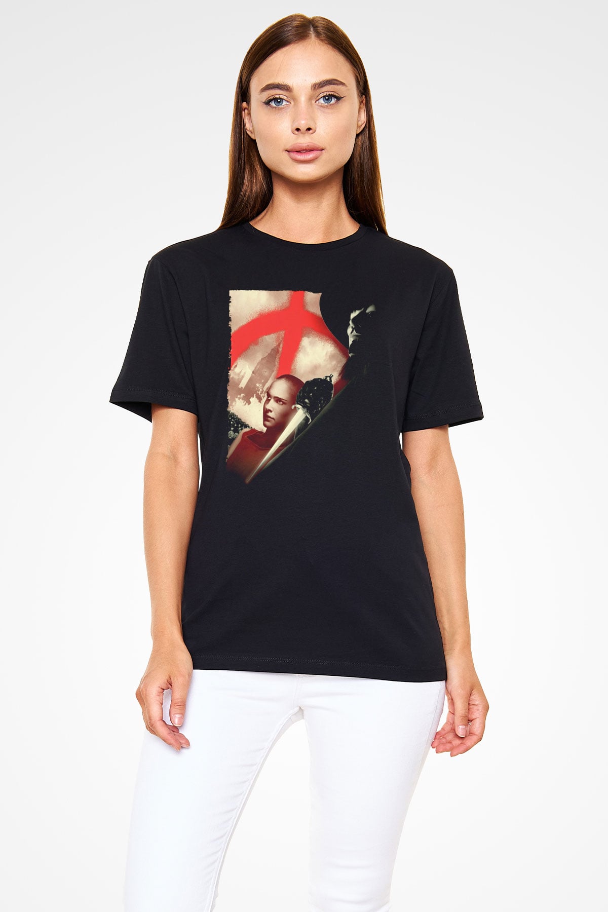 Unisex V for Vendetta Baskılı Siyah T-Shirt