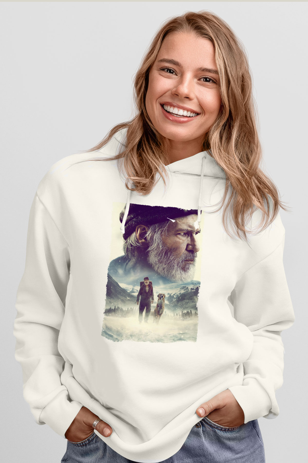 Unisex Vahşetin Çağrısı (The Call of the Wild) Baskılı Beyaz Kapüşonlu Sweatshirt