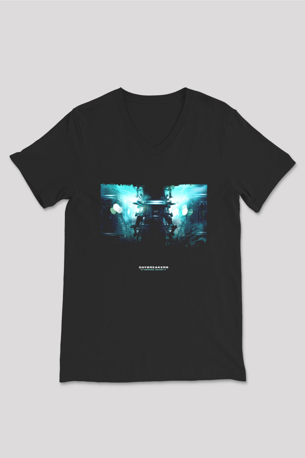 Unisex Vampir İmparatorluğu (Daybreakers) Baskılı Siyah V Yaka T-shirt