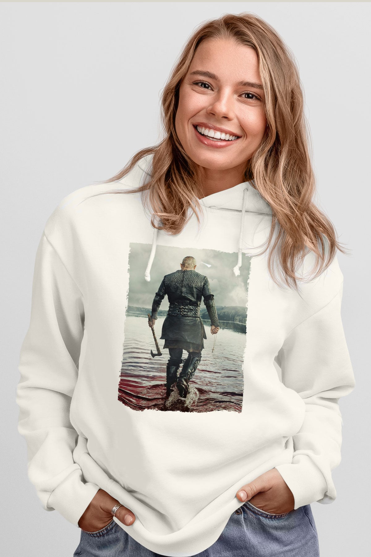 Unisex Vikings Baskılı Beyaz Kapüşonlu Sweatshirt