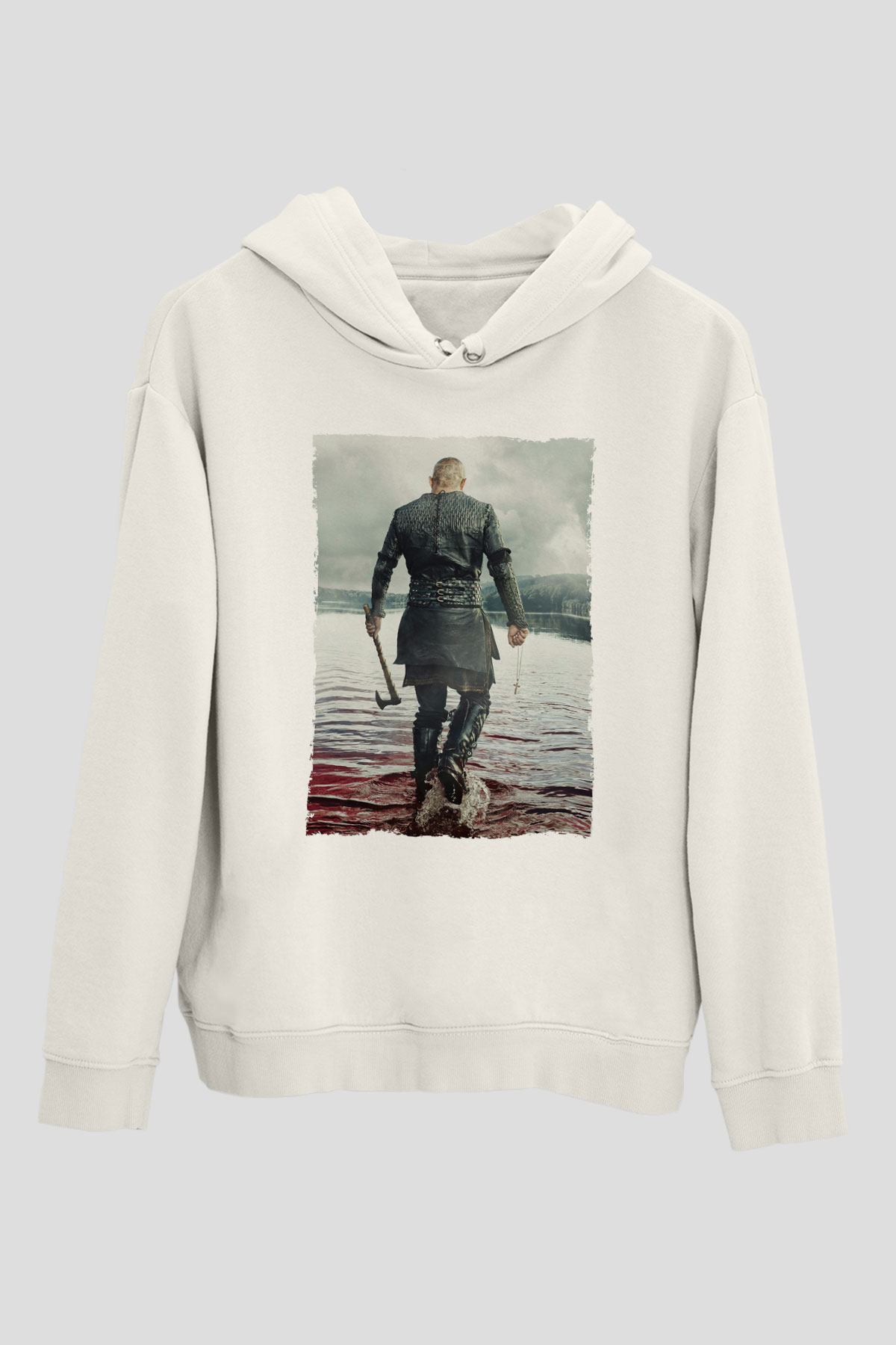Unisex Vikings Baskılı Beyaz Kapüşonlu Sweatshirt