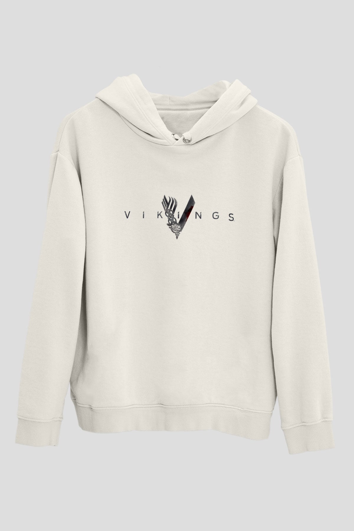 Unisex Vikings Baskılı Beyaz Kapüşonlu Sweatshirt