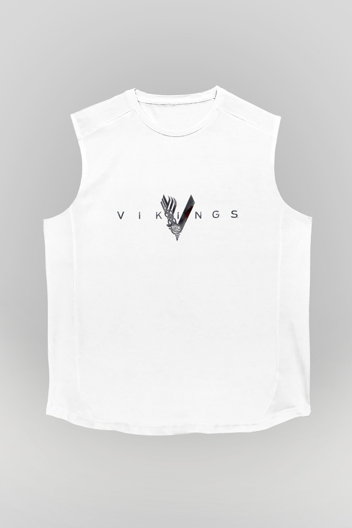 Unisex Vikings Baskılı Beyaz Kolsuz T-shirt