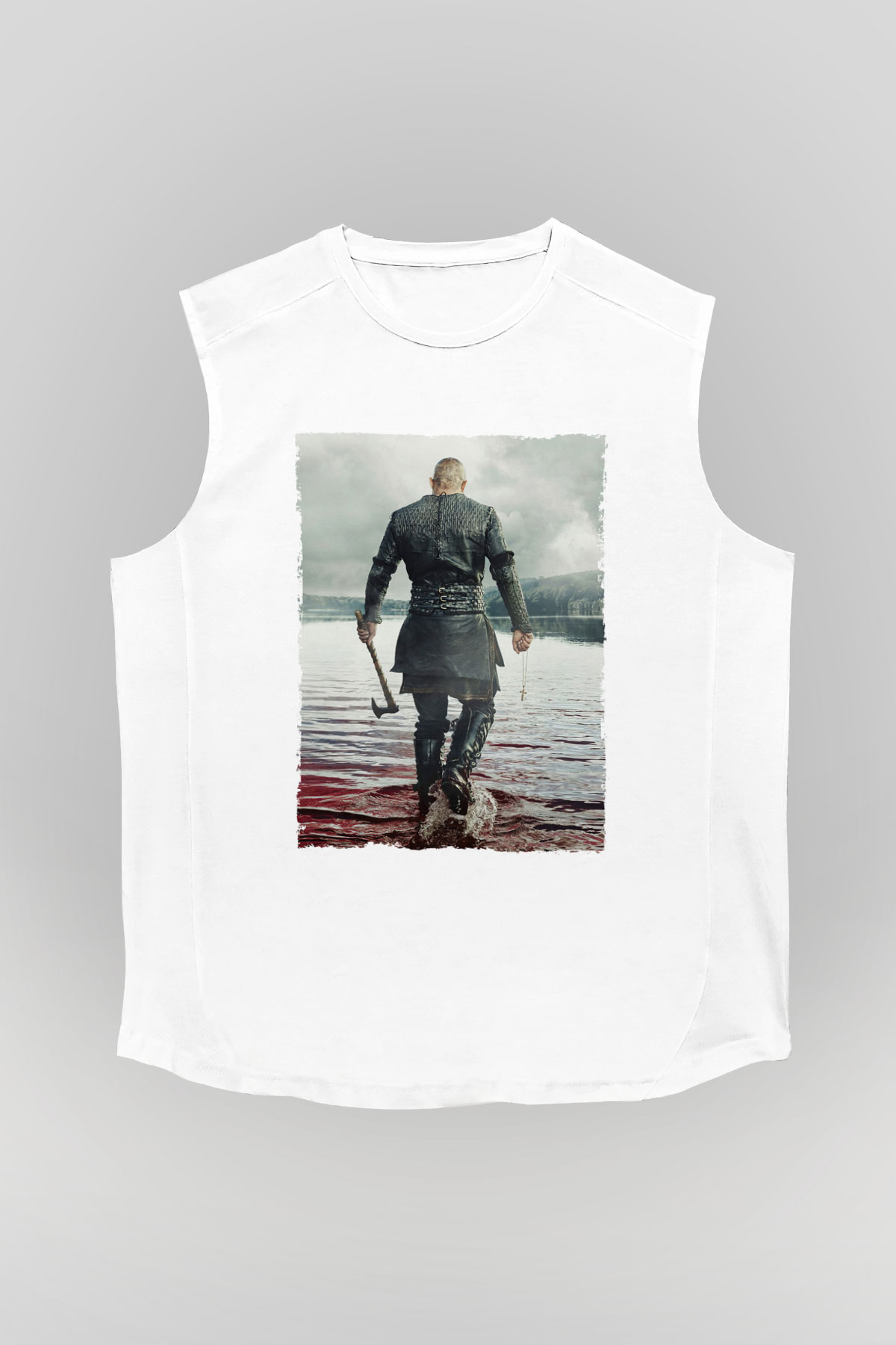 Unisex Vikings Baskılı Beyaz Kolsuz Tshirt