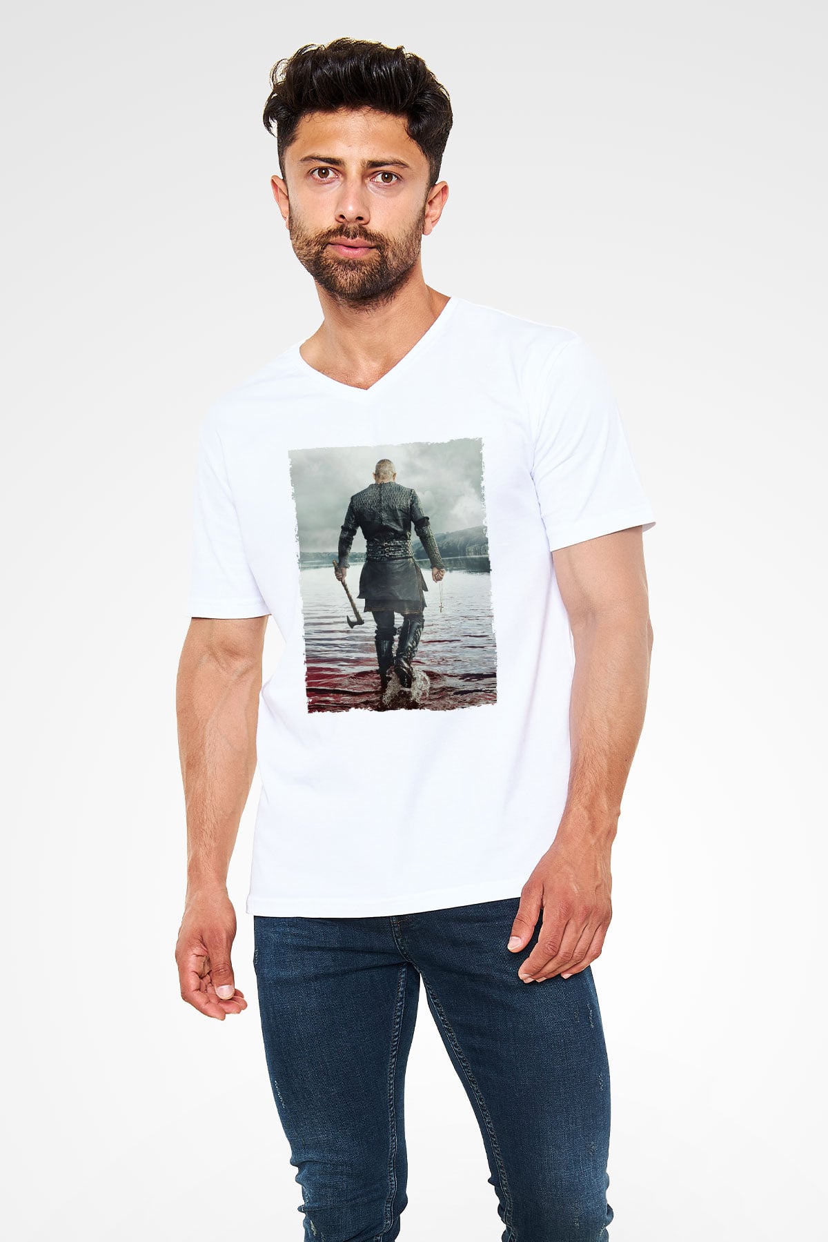 Unisex Vikings Baskılı Beyaz V Yaka Tshirt