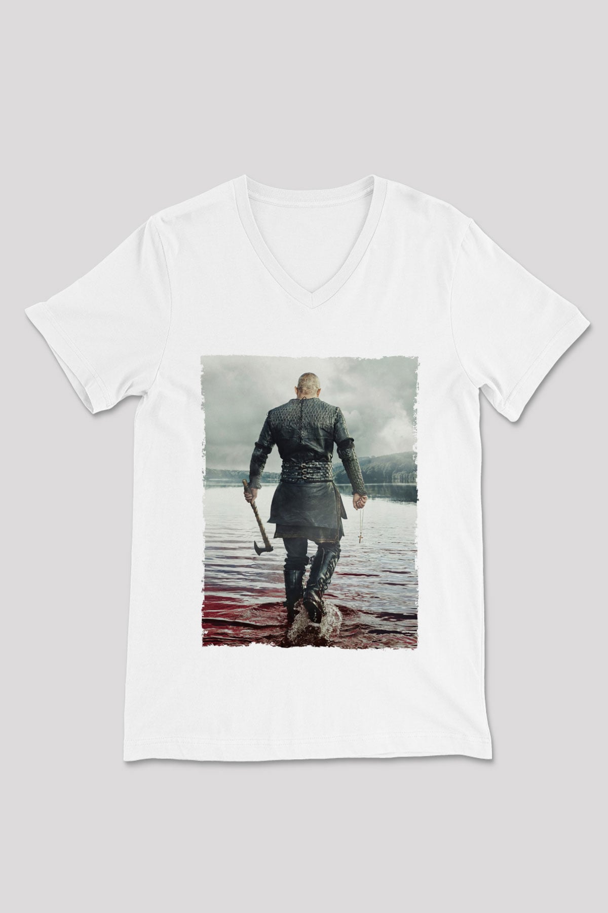 Unisex Vikings Baskılı Beyaz V Yaka Tshirt
