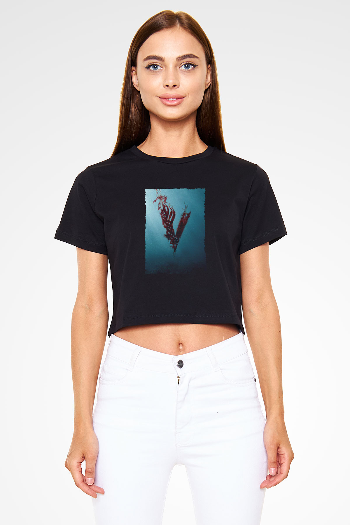 Unisex Vikings Baskılı Siyah Crop Top T-shirt