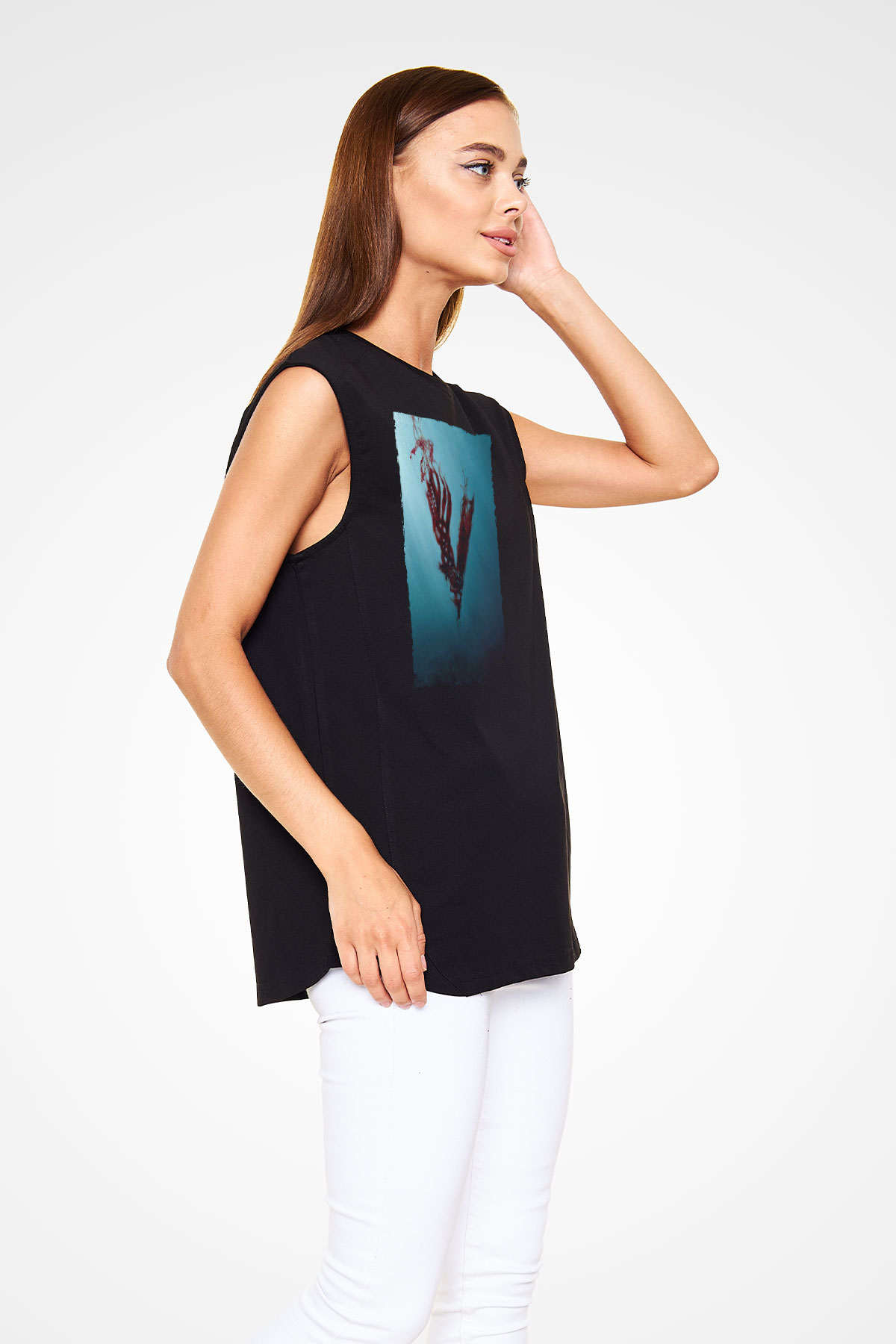 Unisex Vikings Baskılı Siyah Kolsuz T-shirt