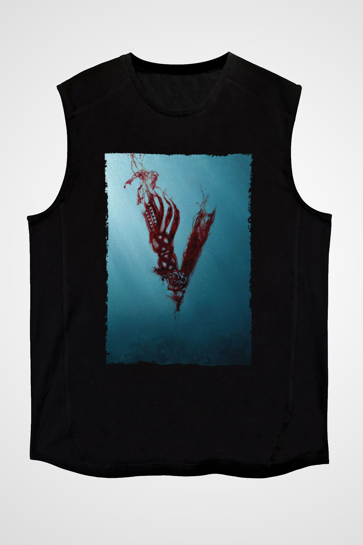 Unisex Vikings Baskılı Siyah Kolsuz T-shirt