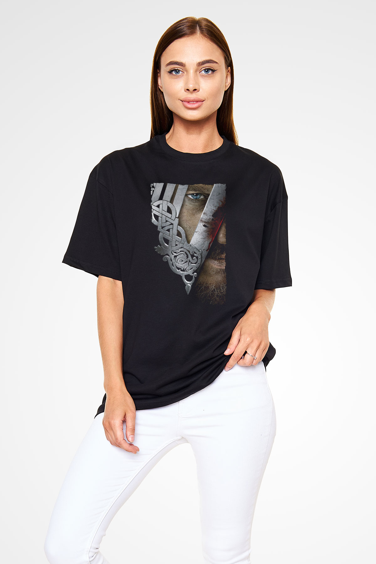 Unisex Vikings Baskılı Siyah Oversize Tshirt