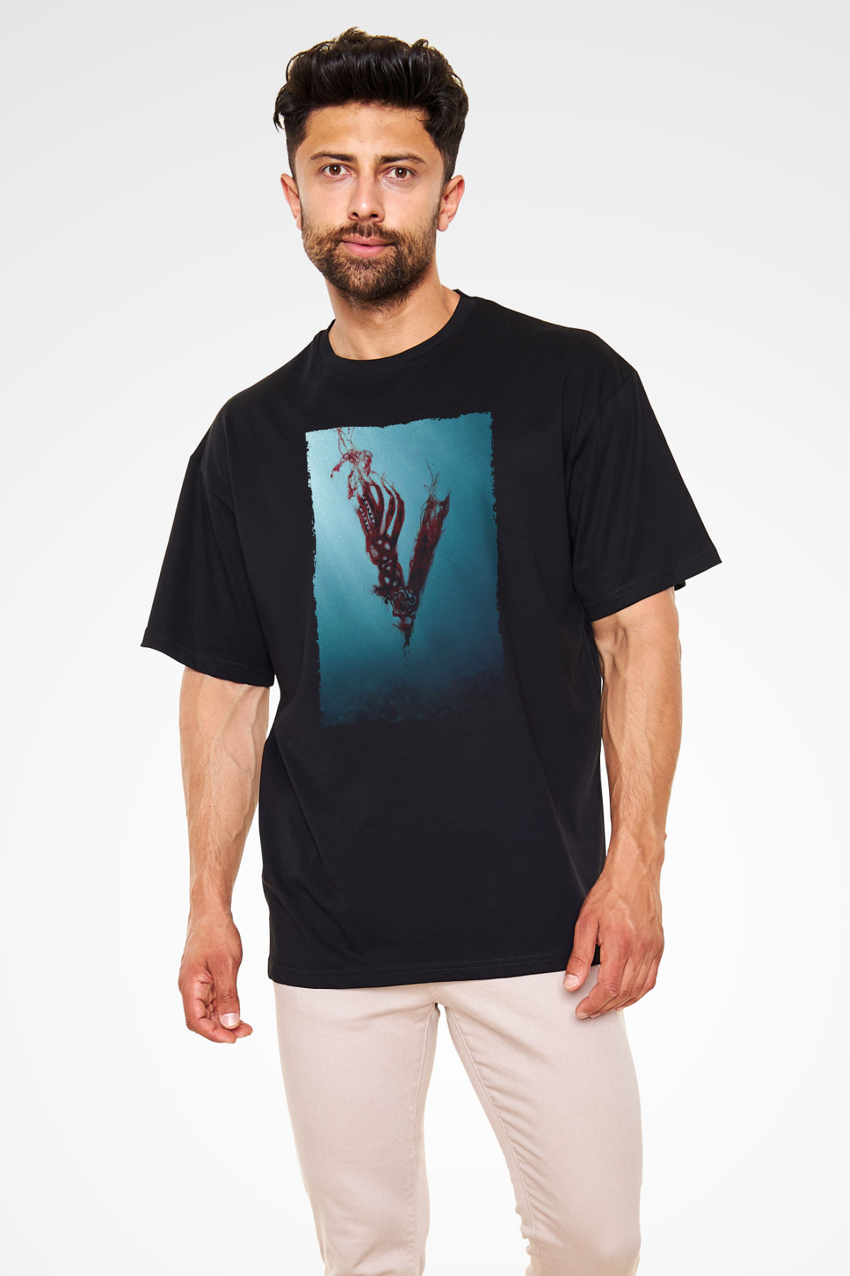 Unisex Vikings Baskılı Siyah Oversize T-shirt