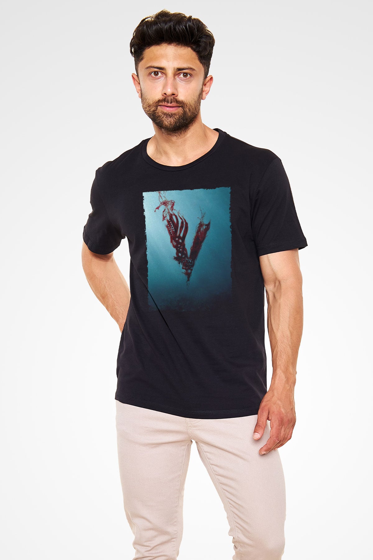 Unisex Vikings Baskılı Siyah T-Shirt