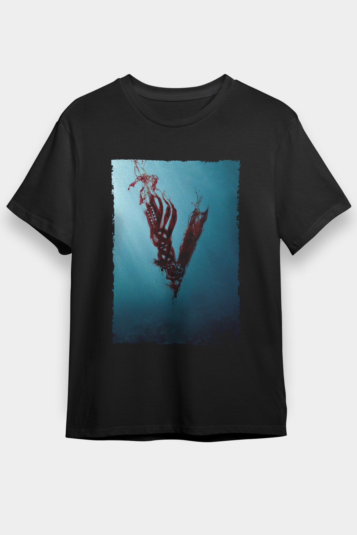 Unisex Vikings Baskılı Siyah T-Shirt
