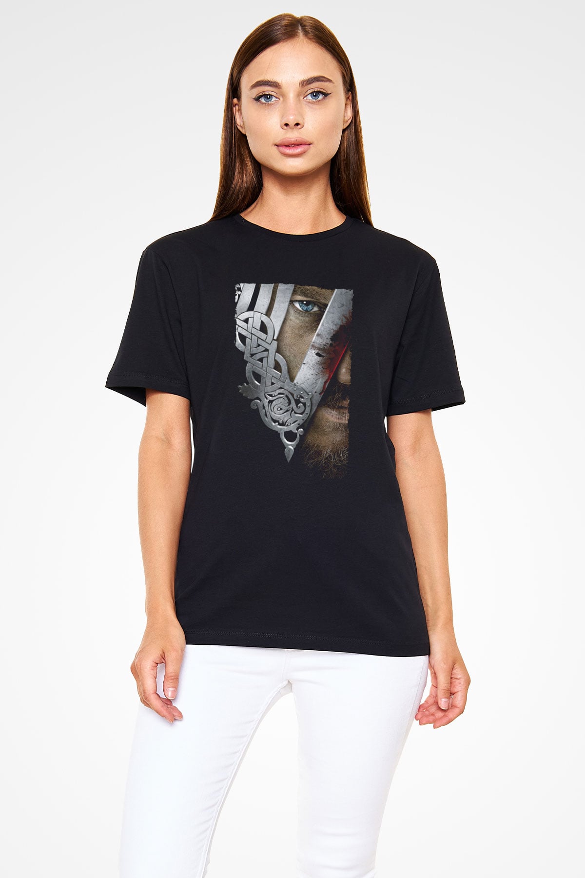 Unisex Vikings Baskılı Siyah Tshirt