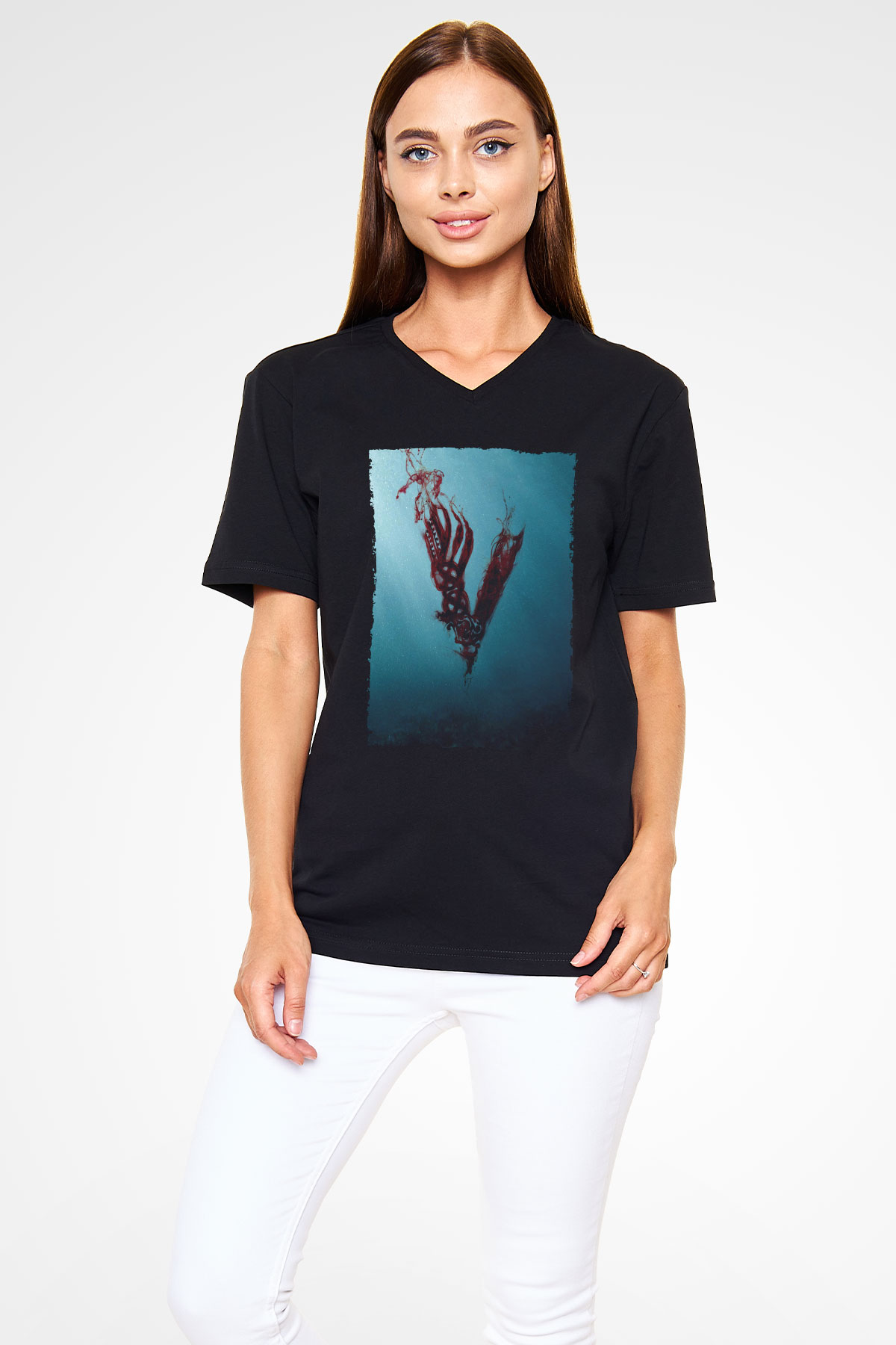 Unisex Vikings Baskılı Siyah V Yaka T-shirt