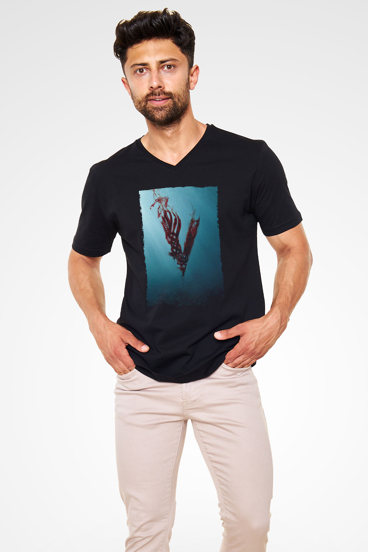 Unisex Vikings Baskılı Siyah V Yaka T-shirt