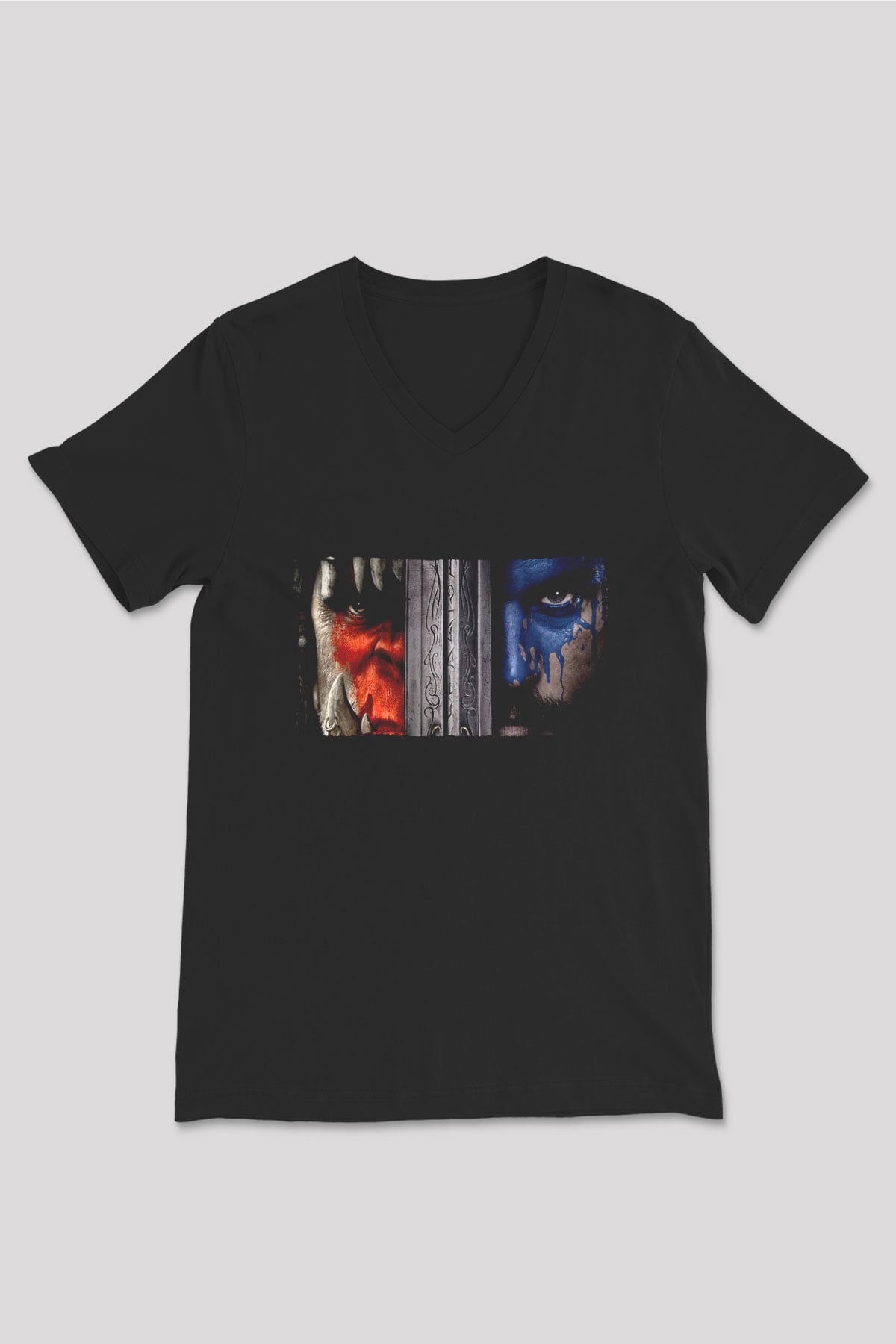 Unisex Warcraft Baskılı Siyah V Yaka Tişört