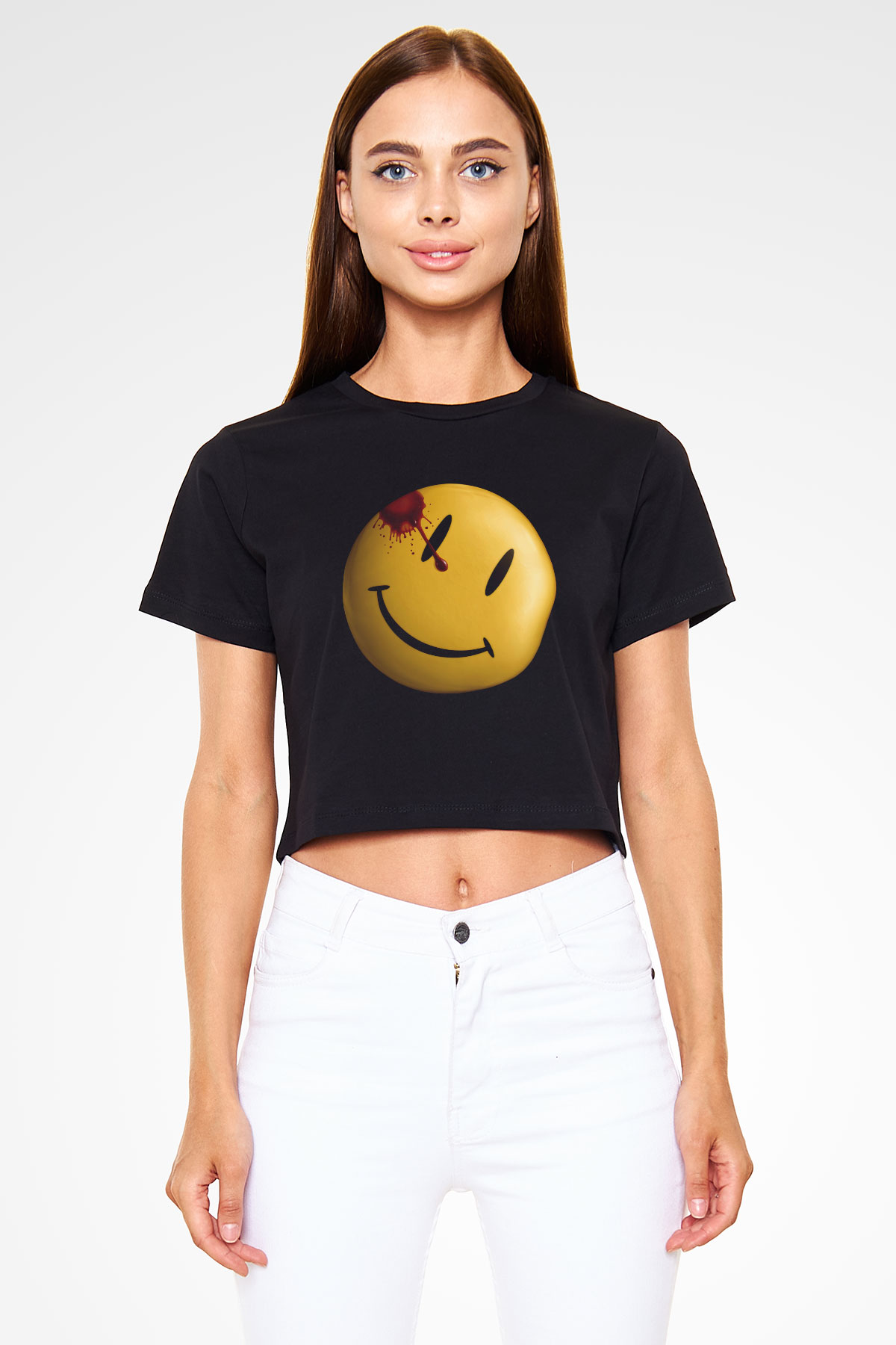 Unisex Watchmen Baskılı Siyah Crop Top T-shirt