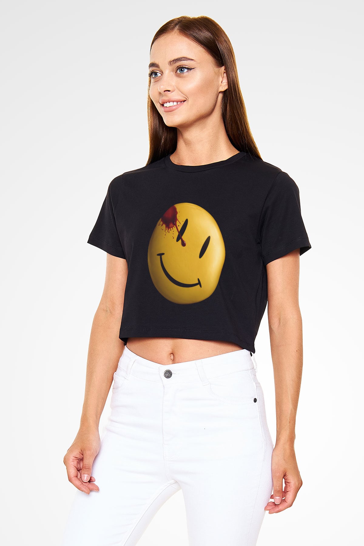 Unisex Watchmen Baskılı Siyah Crop Top T-shirt