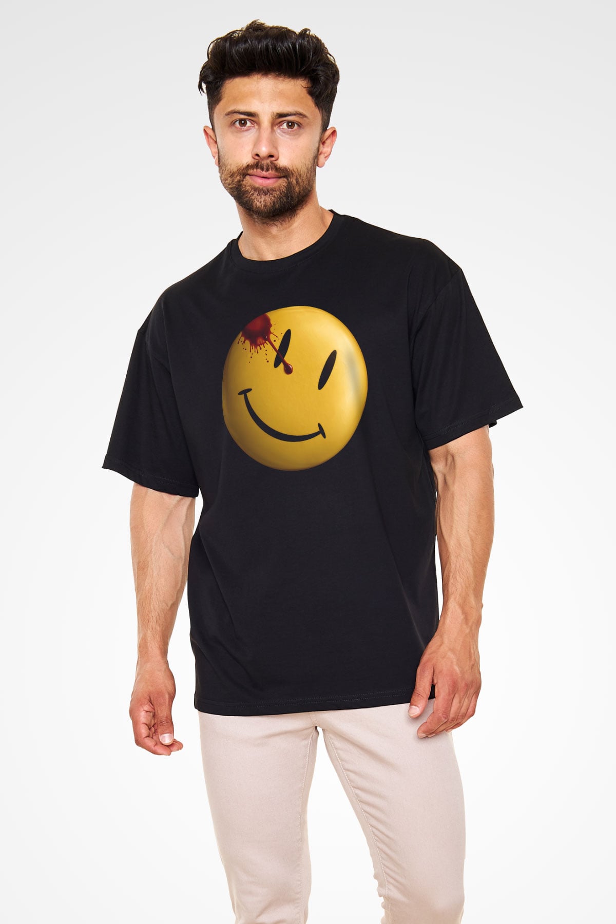 Unisex Watchmen Baskılı Siyah Oversize T-shirt