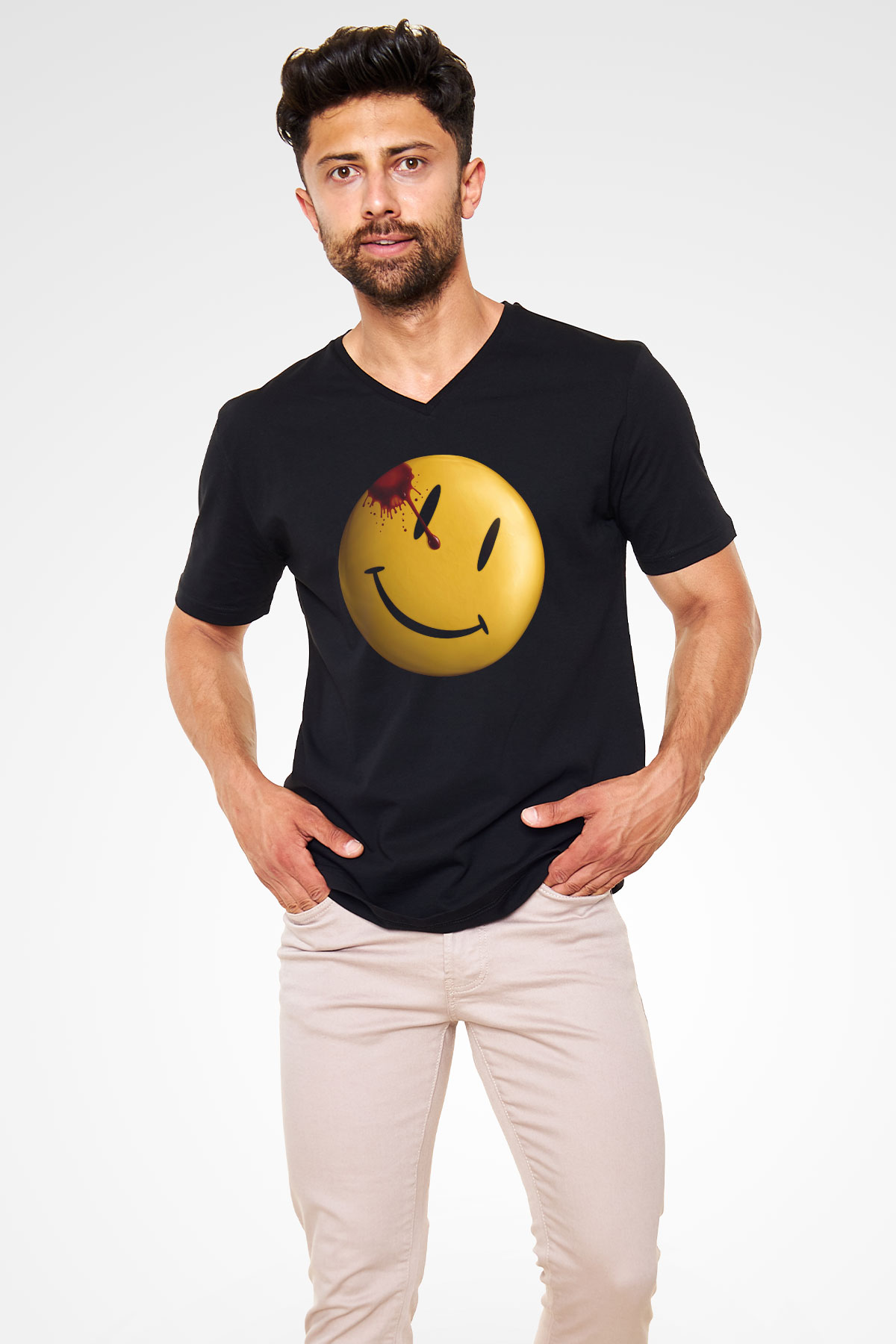 Unisex Watchmen Baskılı Siyah V Yaka T-shirt