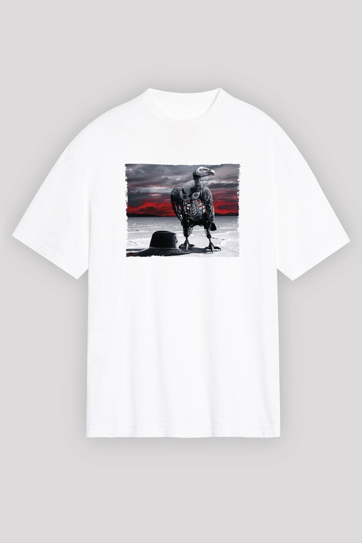Unisex Westworld Baskılı Beyaz Oversize Tişört